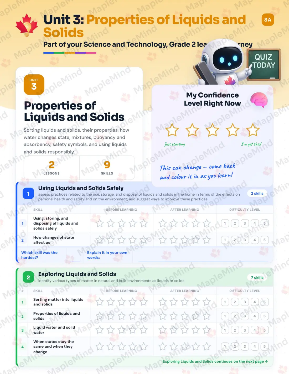 Page 14 of 35 from the Science and Technology, Grade 2 Ontario Course Companion — skills tracker with before and after self-assessment