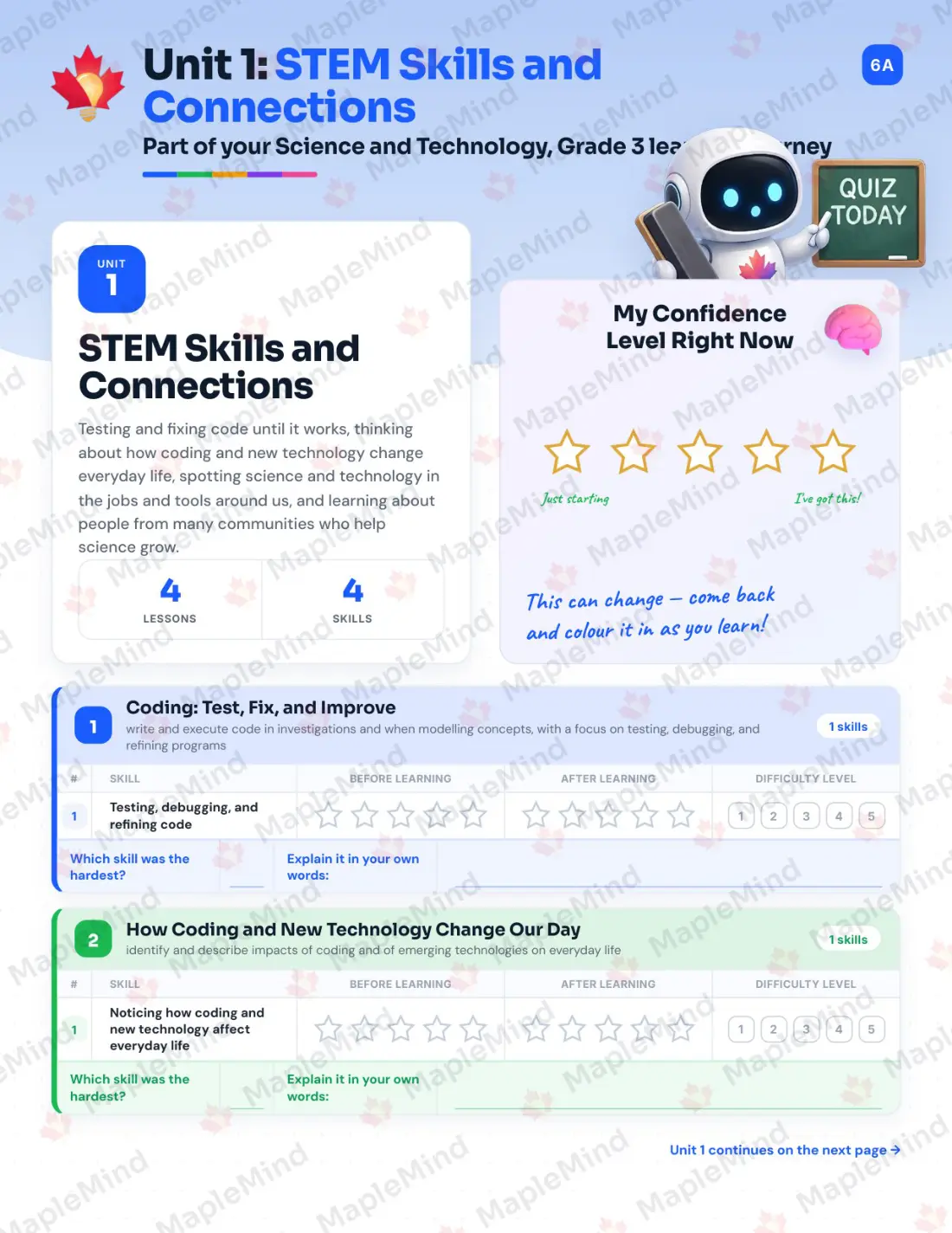Page 6 of 34 from the Science and Technology, Grade 3 Ontario Course Companion — skills tracker with before and after self-assessment
