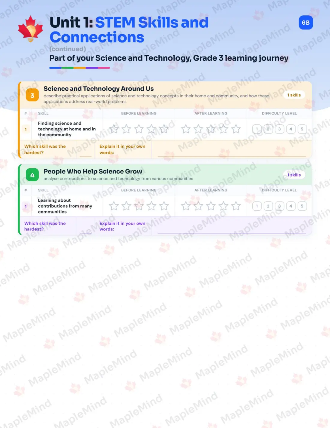 Page 7 of 34 from the Science and Technology, Grade 3 Ontario Course Companion — skills tracker with before and after self-assessment