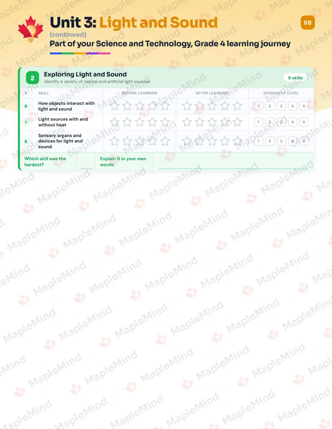 Page 16 of 36 from the Science and Technology, Grade 4 Ontario Course Companion — skills tracker with before and after self-assessment