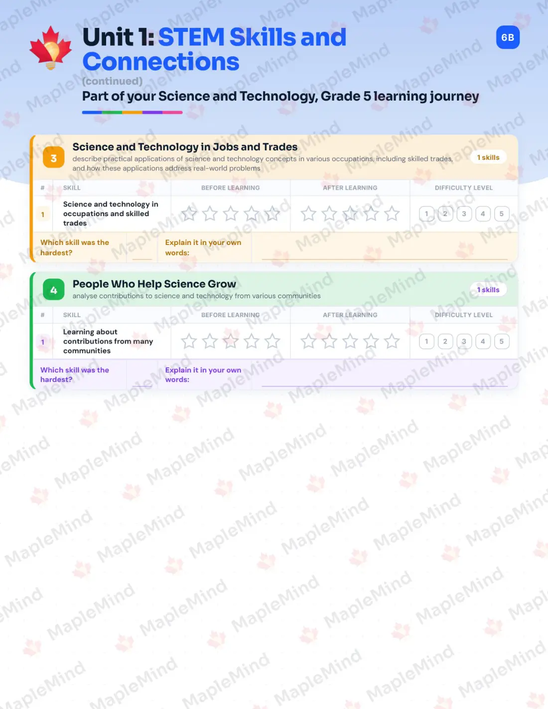 Page 8 of 35 from the Science and Technology, Grade 5 Ontario Course Companion — skills tracker with before and after self-assessment