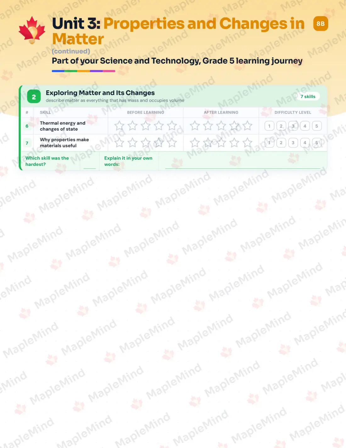 Page 15 of 35 from the Science and Technology, Grade 5 Ontario Course Companion — skills tracker with before and after self-assessment