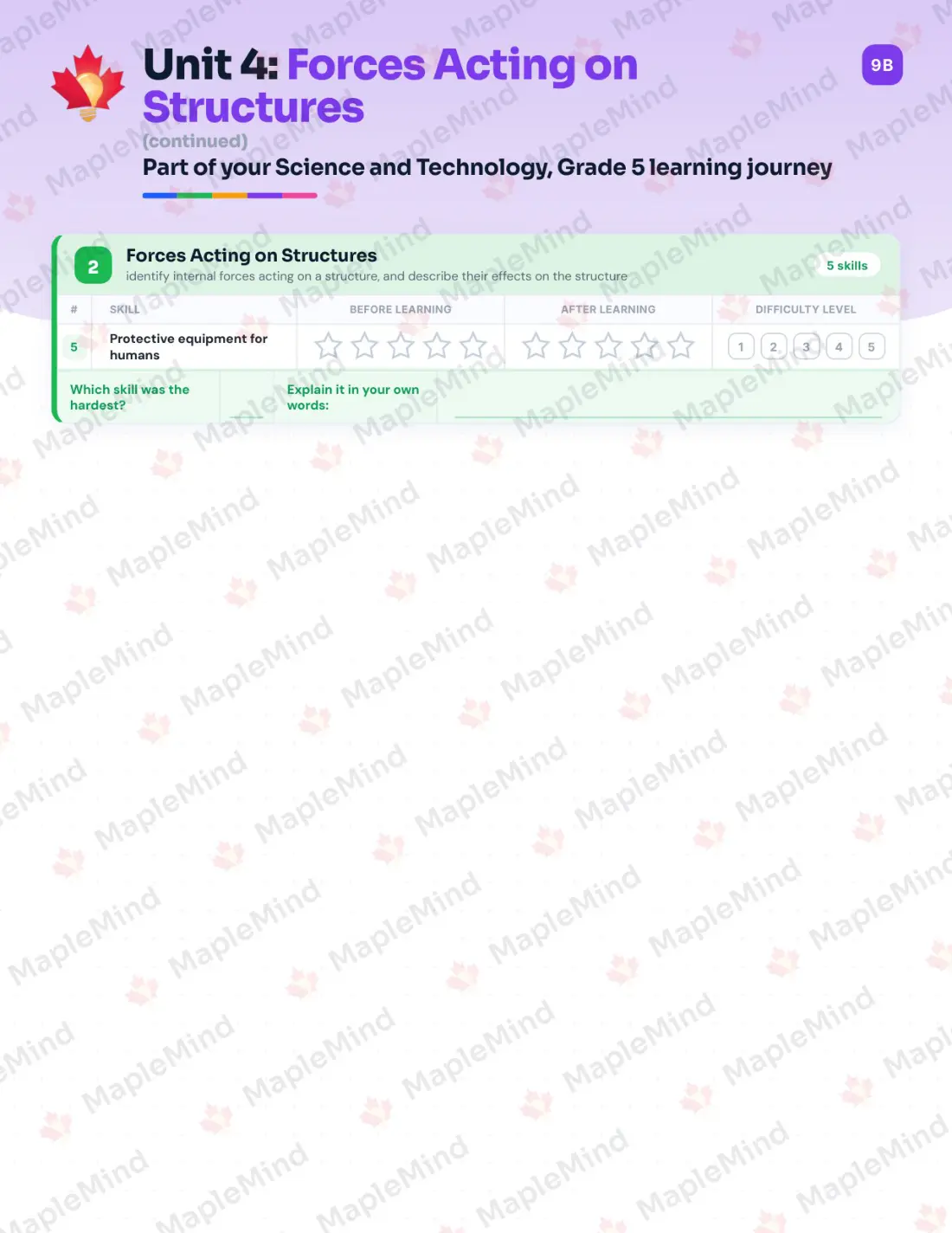 Page 19 of 35 from the Science and Technology, Grade 5 Ontario Course Companion — skills tracker with before and after self-assessment