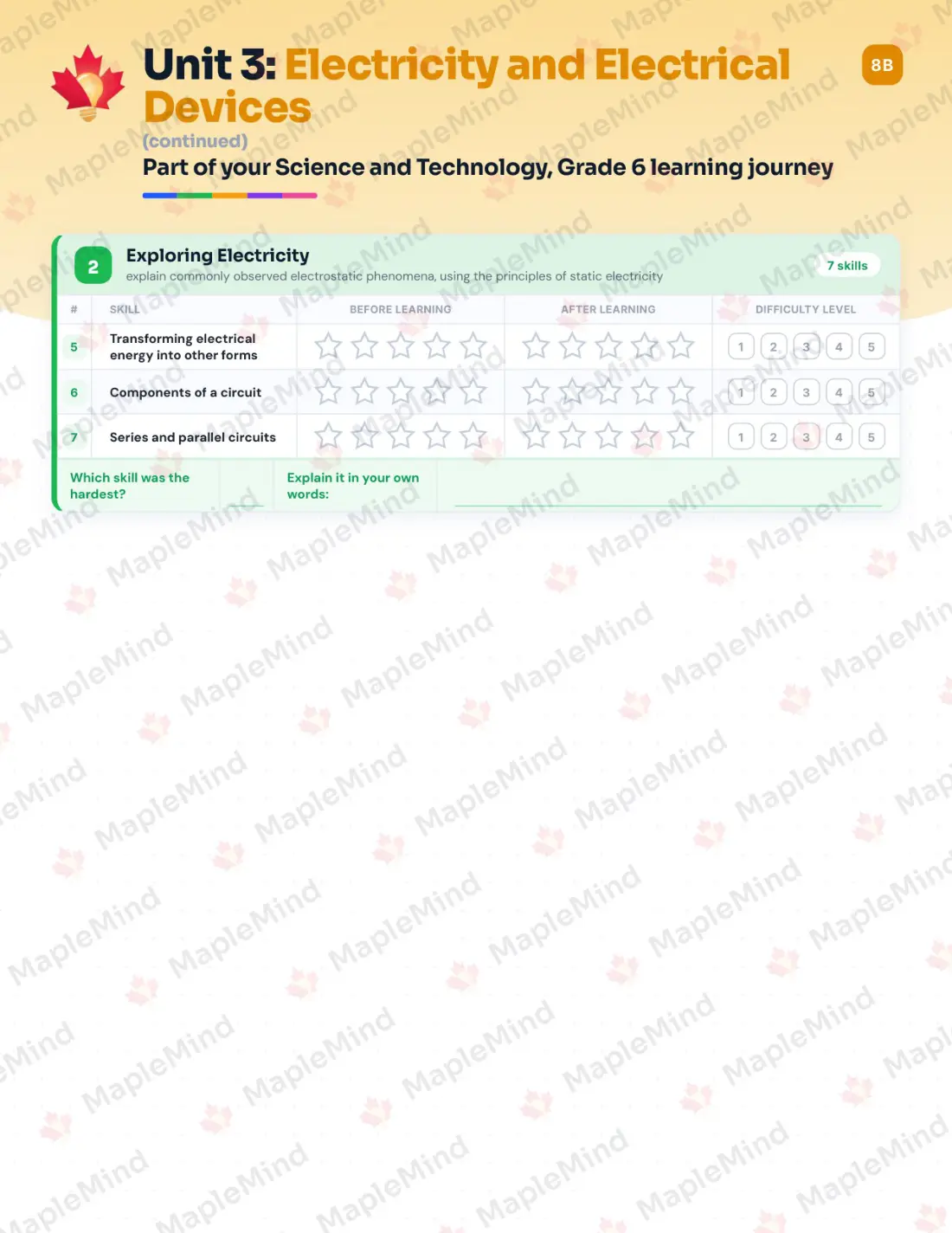 Page 16 of 35 from the Science and Technology, Grade 6 Ontario Course Companion — skills tracker with before and after self-assessment