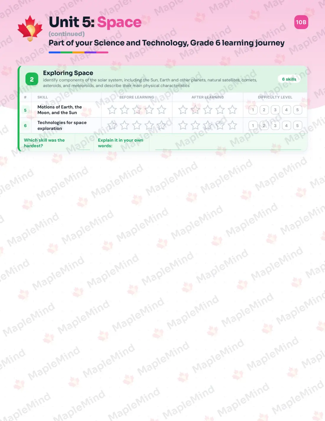 Page 23 of 35 from the Science and Technology, Grade 6 Ontario Course Companion — skills tracker with before and after self-assessment