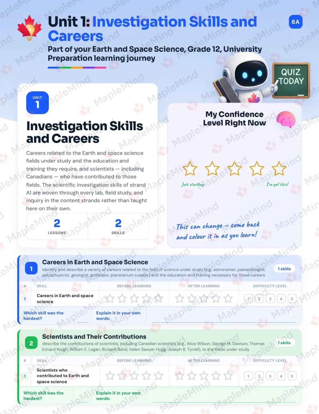 Page 7 of 39 from the Earth and Space Science, Grade 12, University Preparation Ontario Course Companion — skills tracker with before and after self-assessment