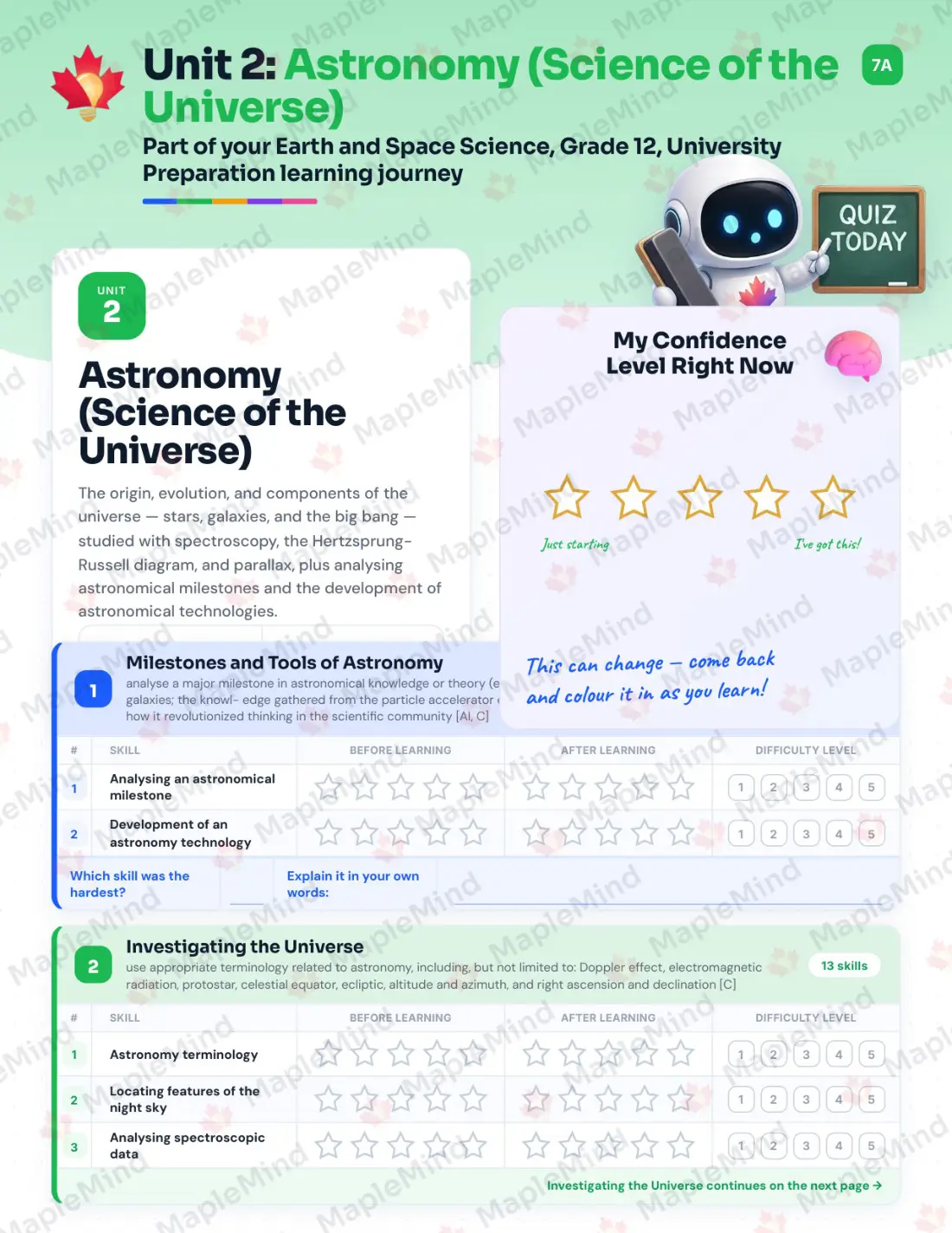 Page 10 of 39 from the Earth and Space Science, Grade 12, University Preparation Ontario Course Companion — skills tracker with before and after self-assessment