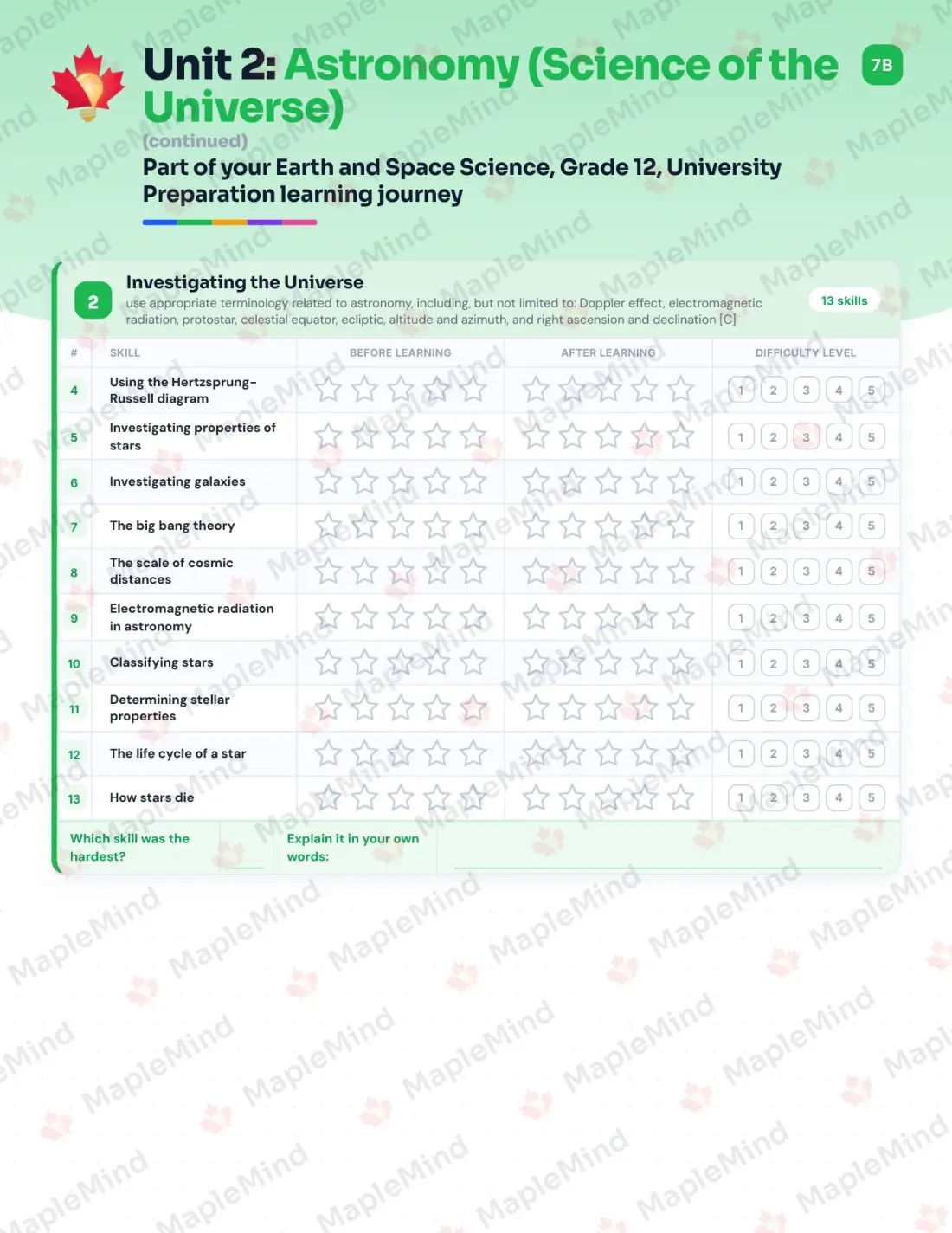 Page 11 of 39 from the Earth and Space Science, Grade 12, University Preparation Ontario Course Companion — skills tracker with before and after self-assessment
