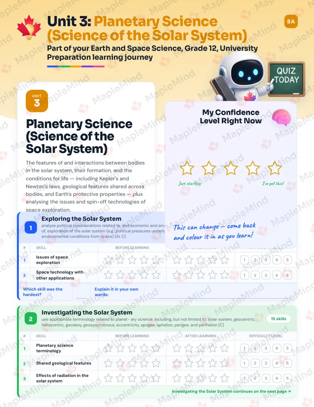 Page 14 of 39 from the Earth and Space Science, Grade 12, University Preparation Ontario Course Companion — skills tracker with before and after self-assessment