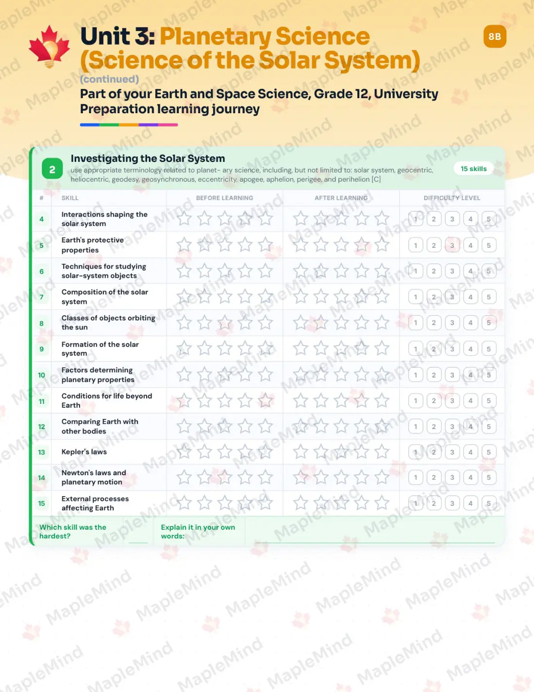 Page 15 of 39 from the Earth and Space Science, Grade 12, University Preparation Ontario Course Companion — skills tracker with before and after self-assessment