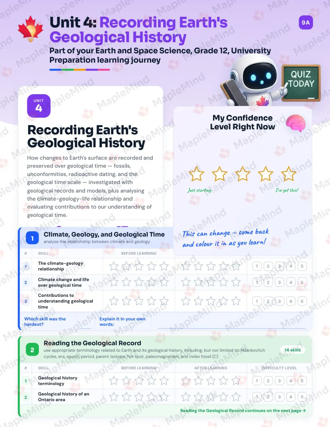 Page 18 of 39 from the Earth and Space Science, Grade 12, University Preparation Ontario Course Companion — skills tracker with before and after self-assessment