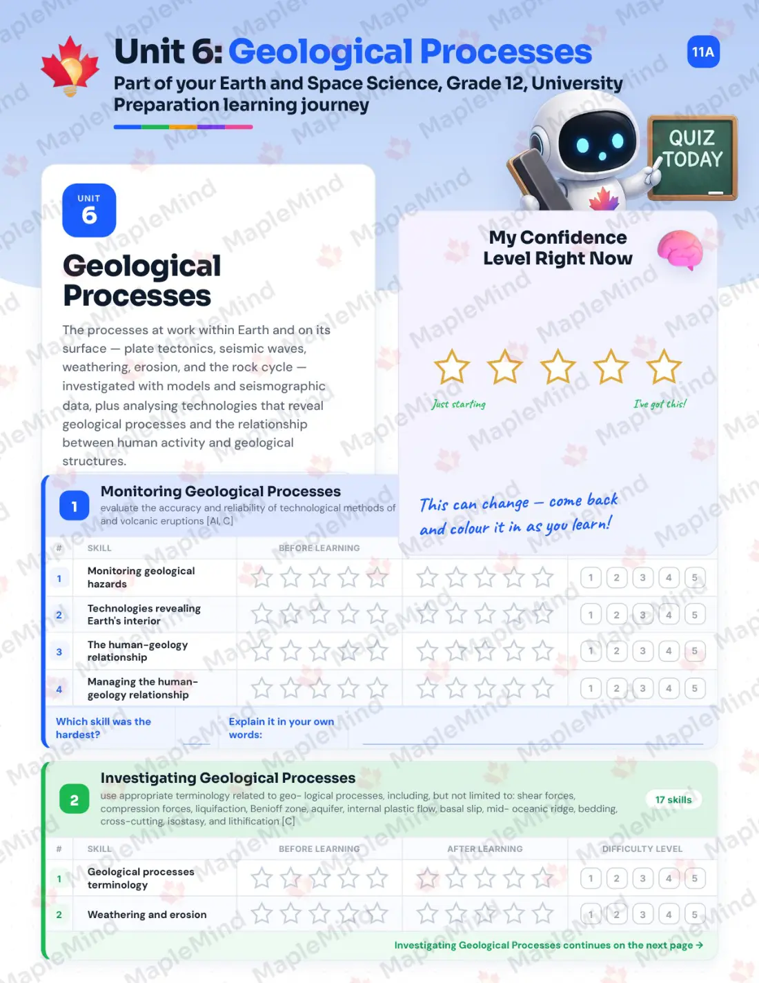 Page 26 of 39 from the Earth and Space Science, Grade 12, University Preparation Ontario Course Companion — skills tracker with before and after self-assessment