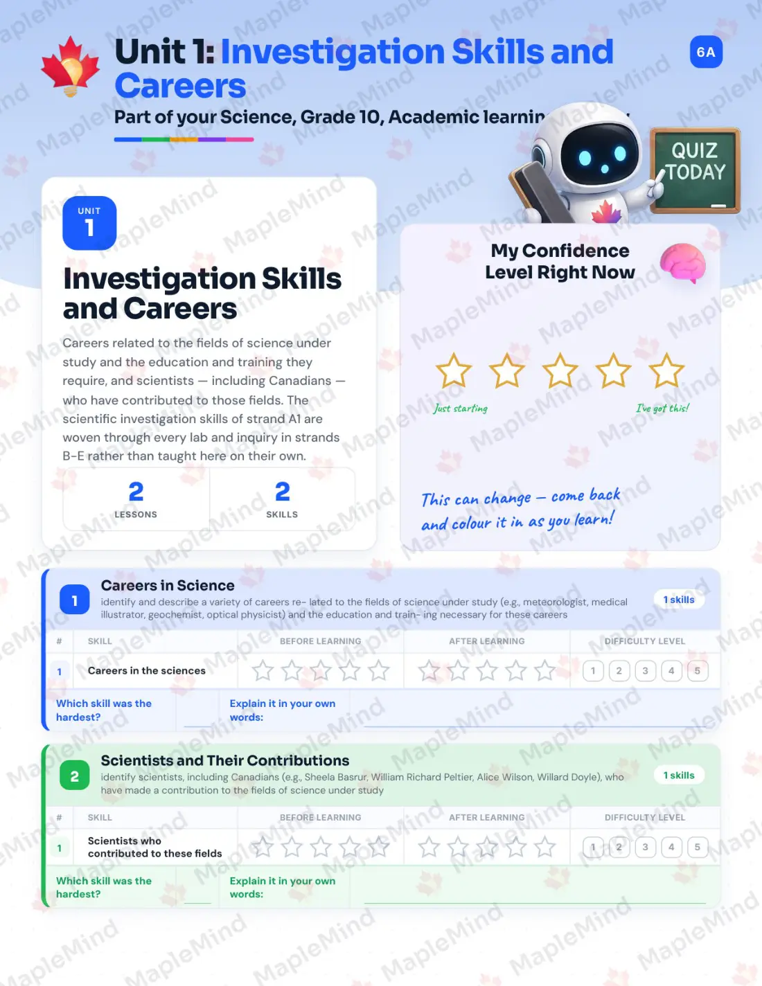 Page 7 of 35 from the Science, Grade 10, Academic Ontario Course Companion — skills tracker with before and after self-assessment