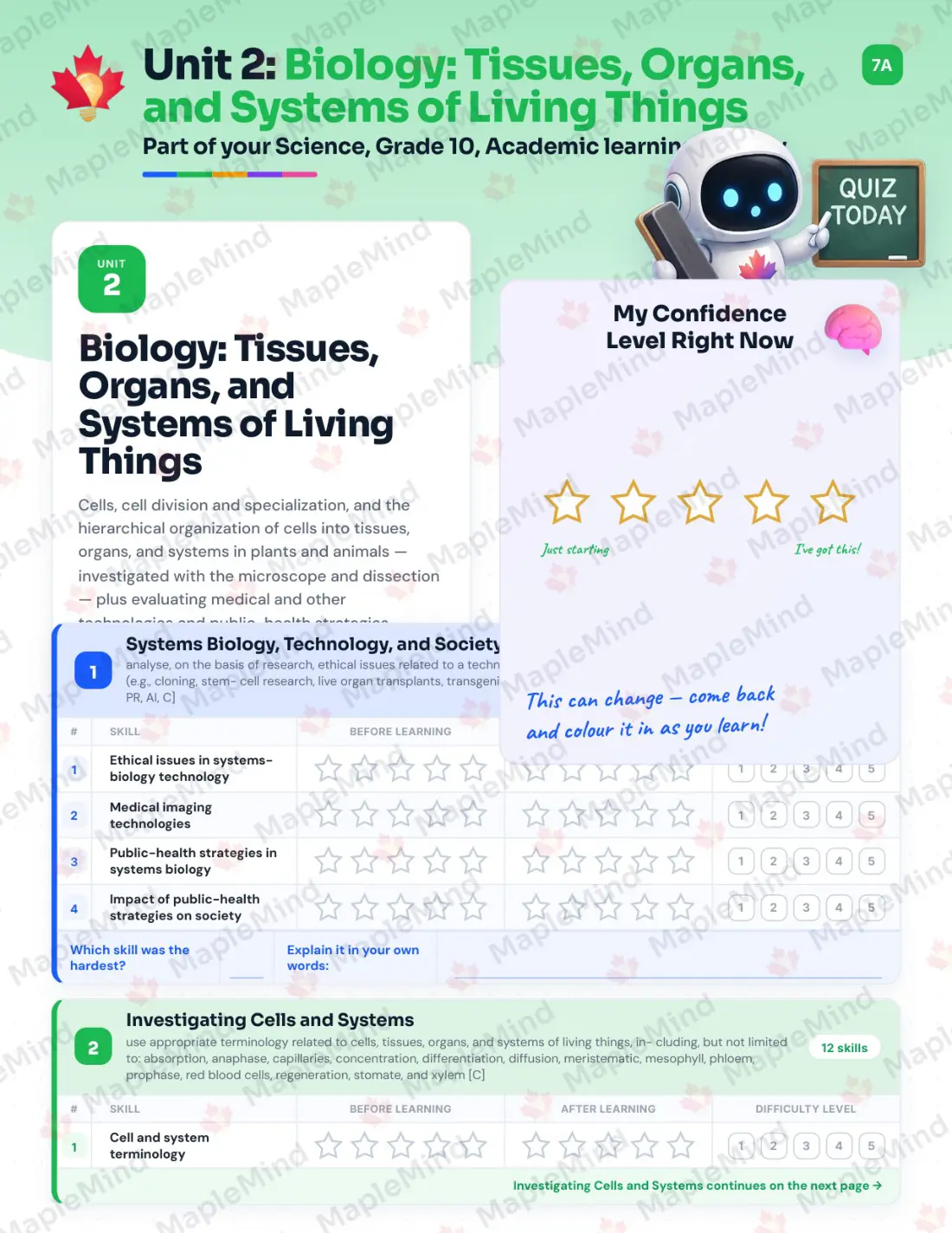 Page 10 of 35 from the Science, Grade 10, Academic Ontario Course Companion — skills tracker with before and after self-assessment