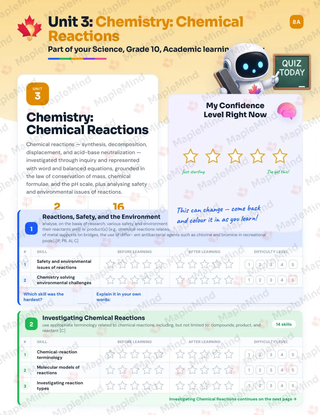 Page 14 of 35 from the Science, Grade 10, Academic Ontario Course Companion — skills tracker with before and after self-assessment
