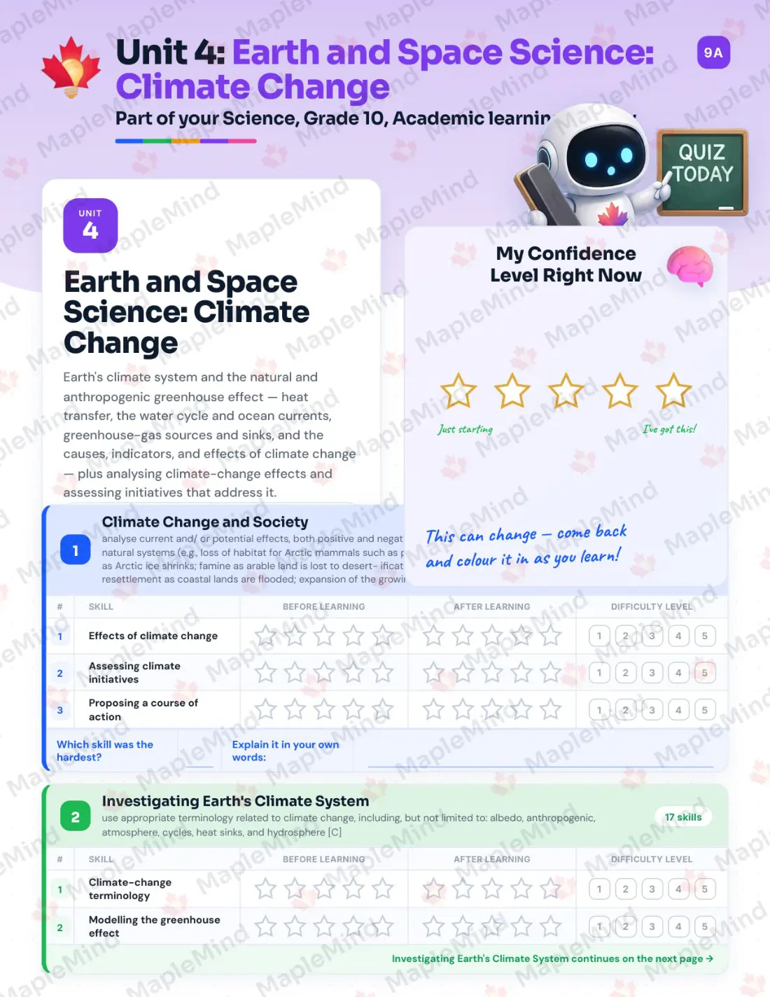 Page 18 of 35 from the Science, Grade 10, Academic Ontario Course Companion — skills tracker with before and after self-assessment