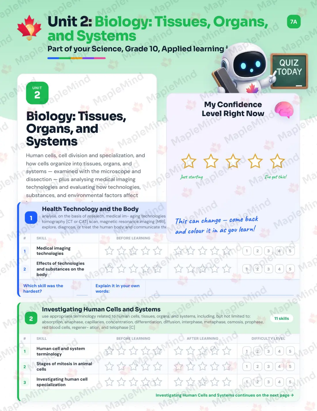 Page 10 of 35 from the Science, Grade 10, Applied Ontario Course Companion — skills tracker with before and after self-assessment