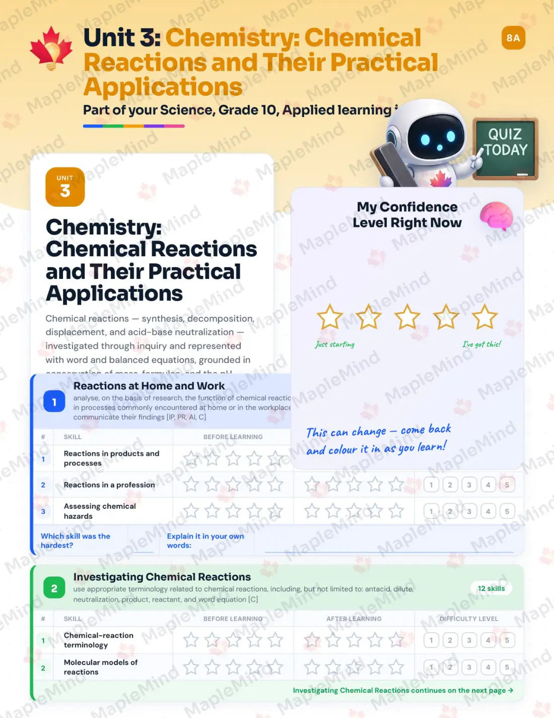 Page 14 of 35 from the Science, Grade 10, Applied Ontario Course Companion — skills tracker with before and after self-assessment