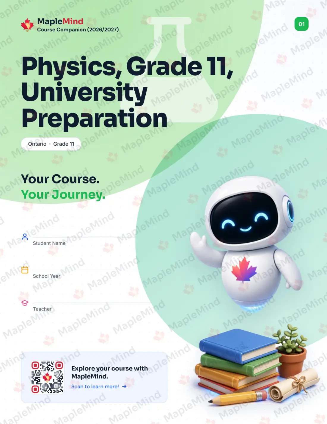 Page 1 of 40 from the Physics, Grade 11, University Preparation Ontario Course Companion — workbook cover
