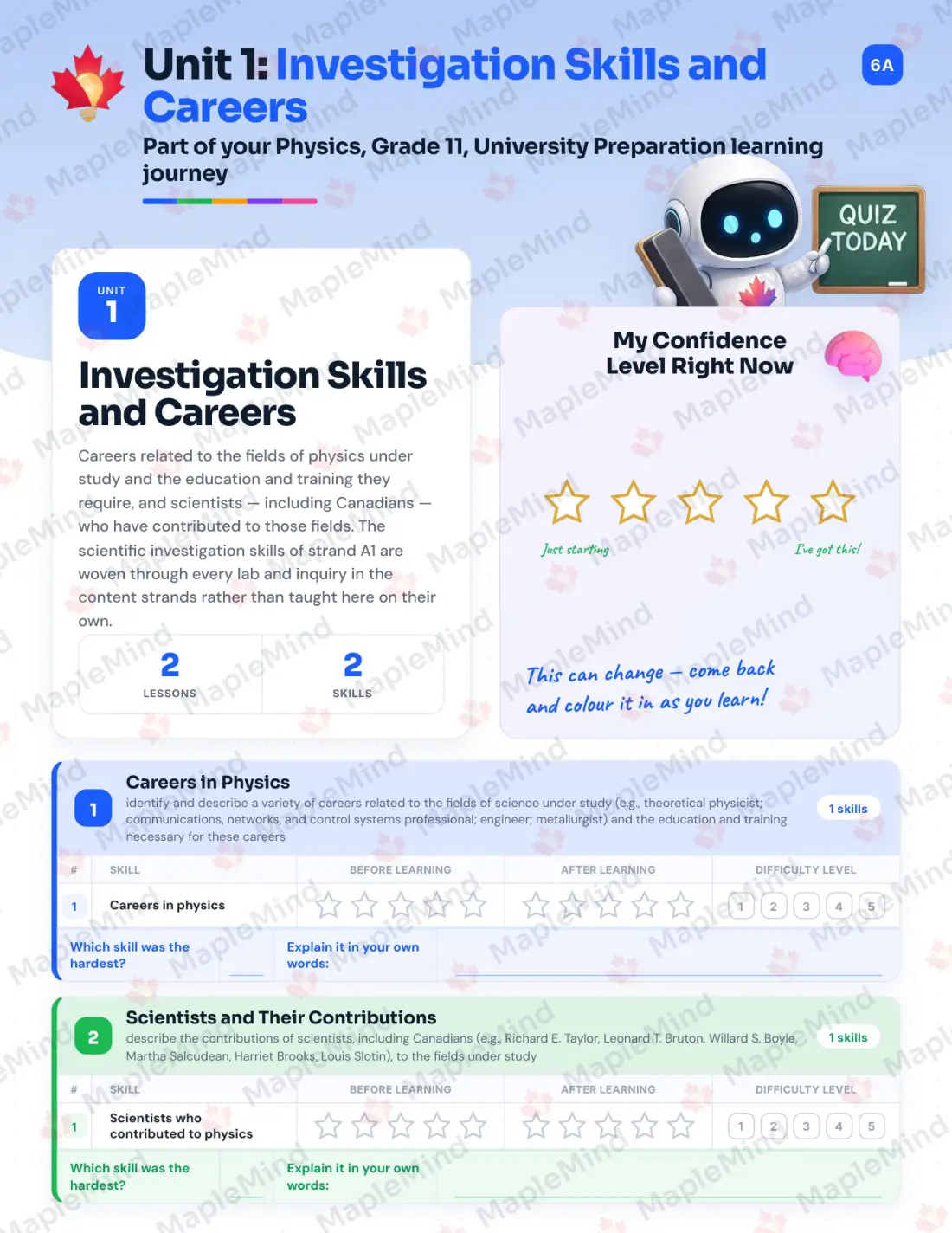 Page 7 of 40 from the Physics, Grade 11, University Preparation Ontario Course Companion — skills tracker with before and after self-assessment