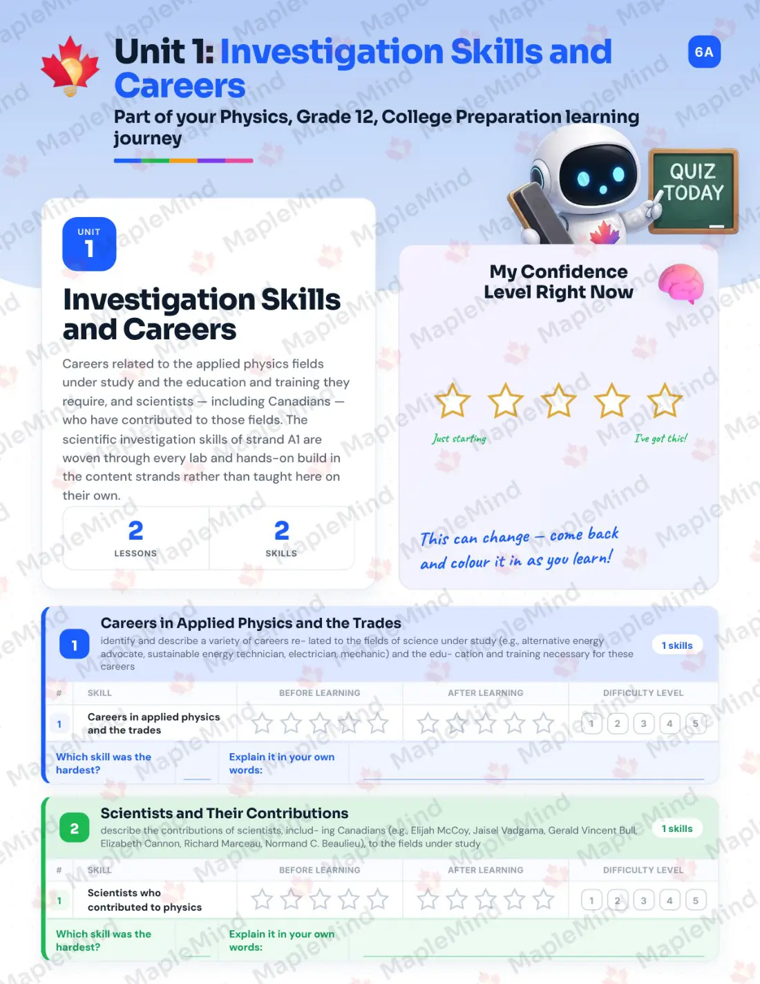 Page 7 of 39 from the Physics, Grade 12, College Preparation Ontario Course Companion — skills tracker with before and after self-assessment