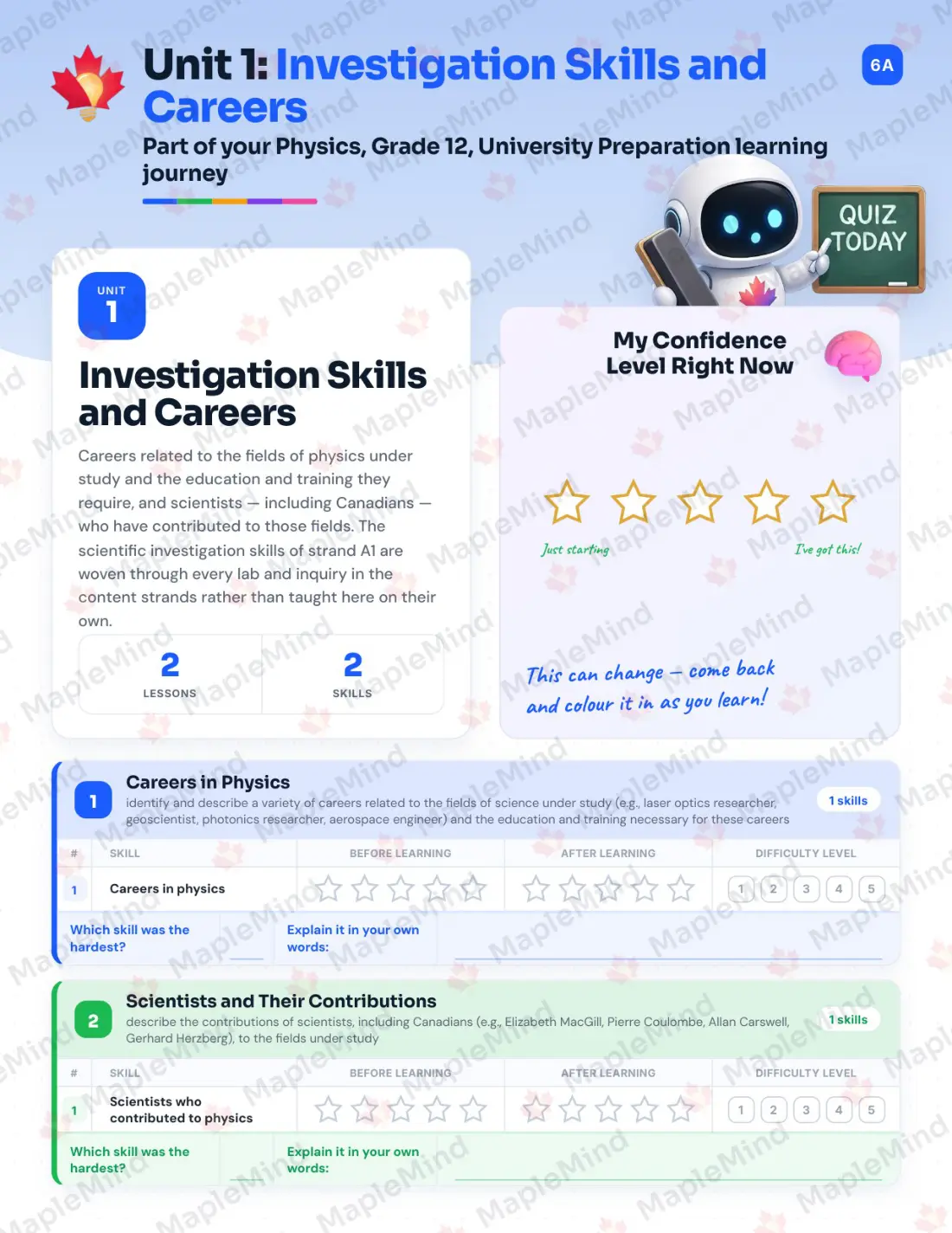 Page 7 of 39 from the Physics, Grade 12, University Preparation Ontario Course Companion — skills tracker with before and after self-assessment