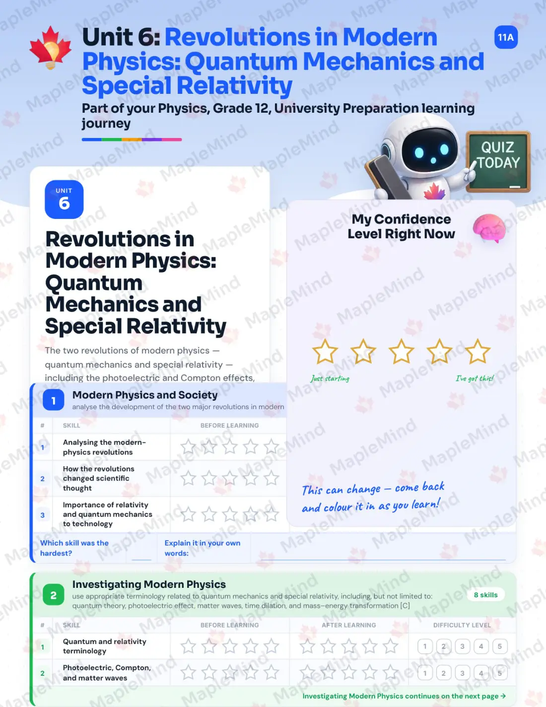 Page 26 of 39 from the Physics, Grade 12, University Preparation Ontario Course Companion — skills tracker with before and after self-assessment