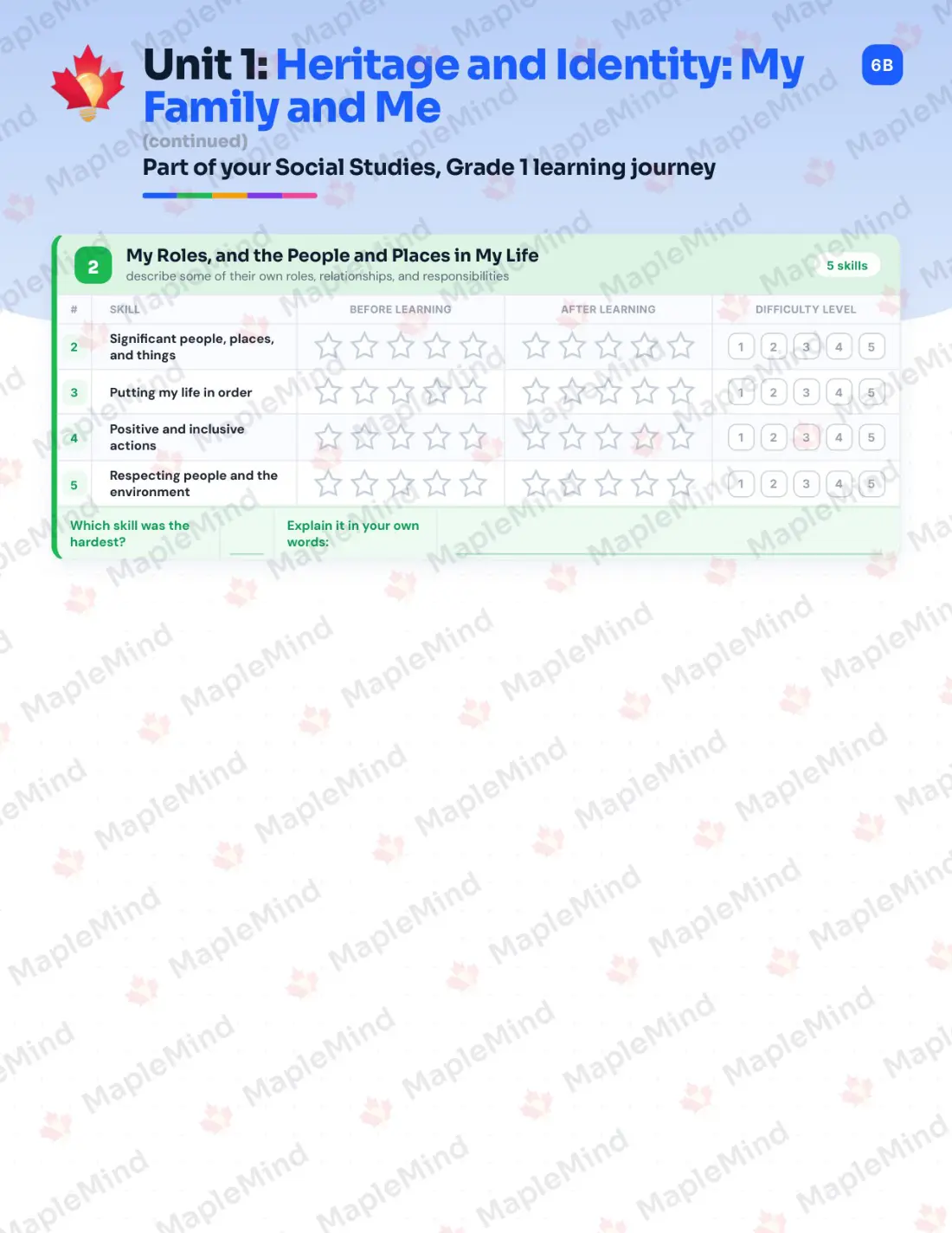 Page 7 of 22 from the Social Studies, Grade 1 Ontario Course Companion — skills tracker with before and after self-assessment