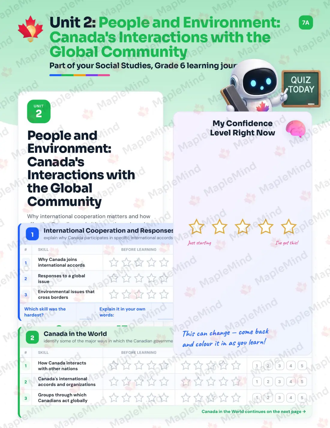 Page 10 of 22 from the Social Studies, Grade 6 Ontario Course Companion — skills tracker with before and after self-assessment