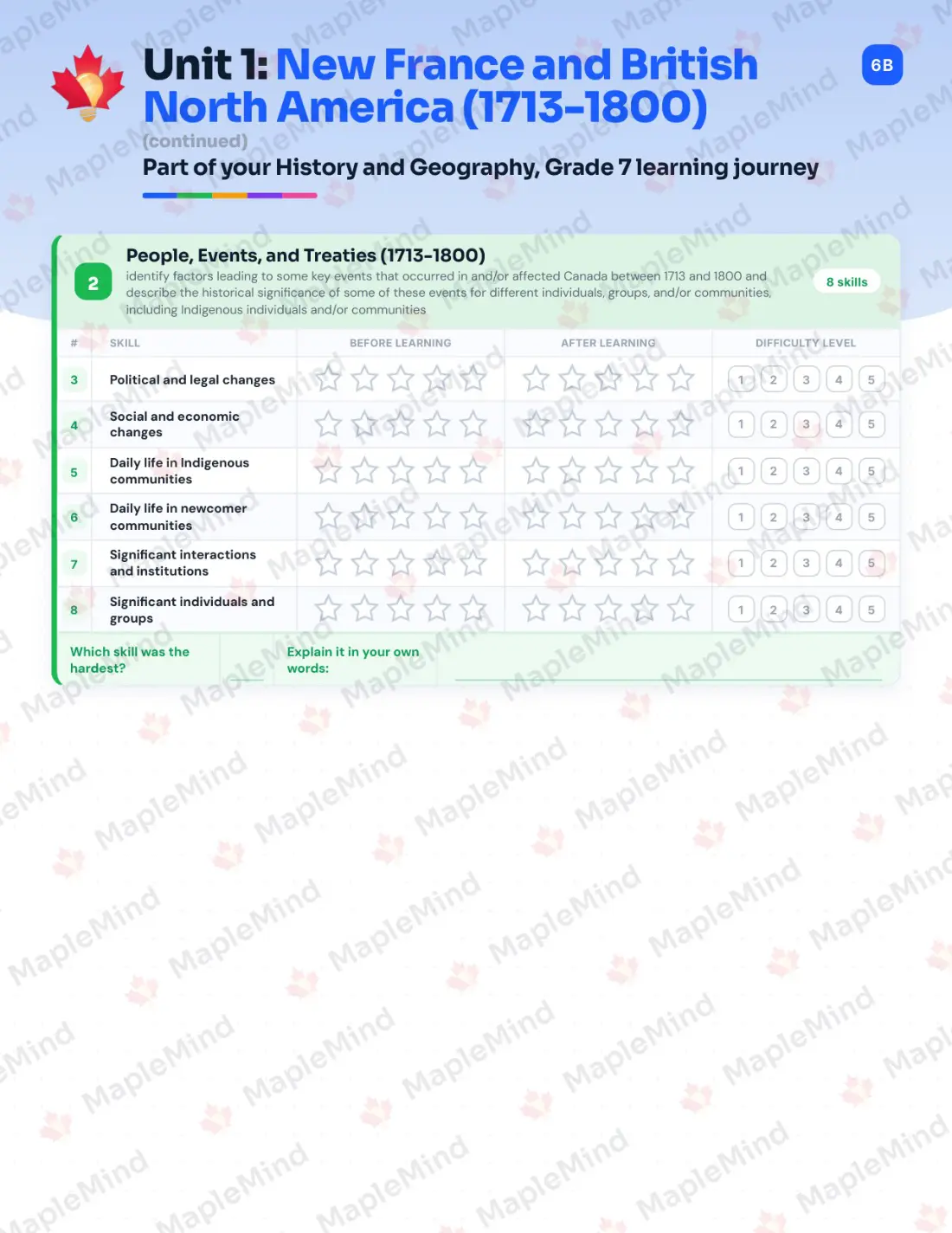 Page 7 of 31 from the History and Geography, Grade 7 Ontario Course Companion — skills tracker with before and after self-assessment