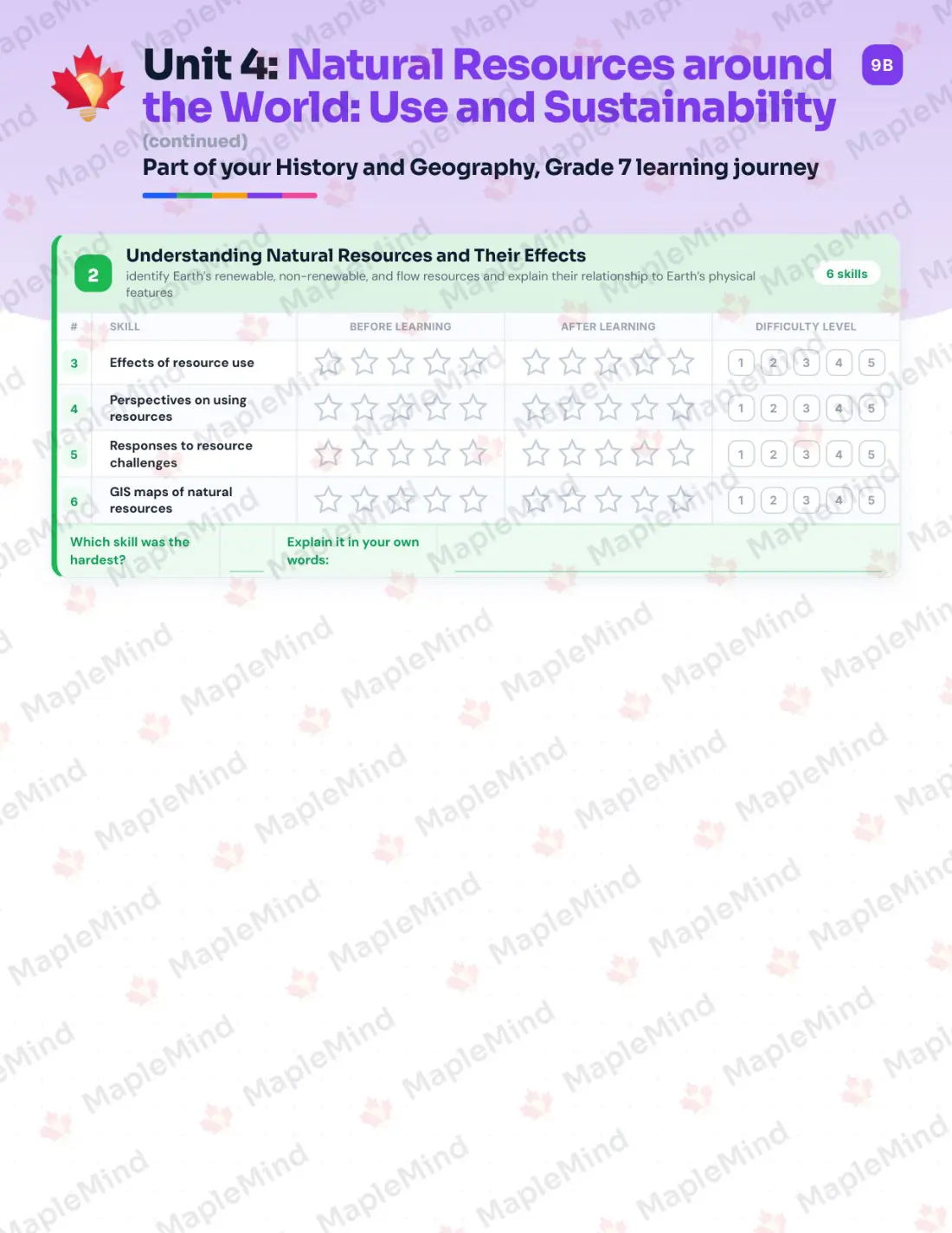 Page 19 of 31 from the History and Geography, Grade 7 Ontario Course Companion — skills tracker with before and after self-assessment