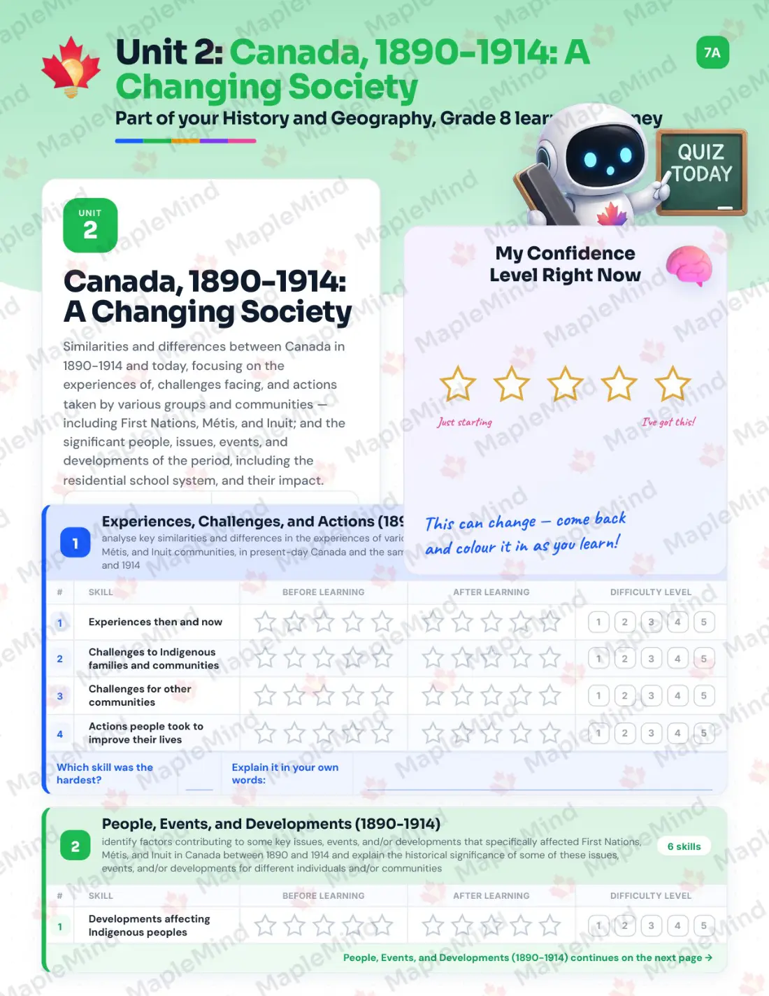 Page 10 of 31 from the History and Geography, Grade 8 Ontario Course Companion — skills tracker with before and after self-assessment