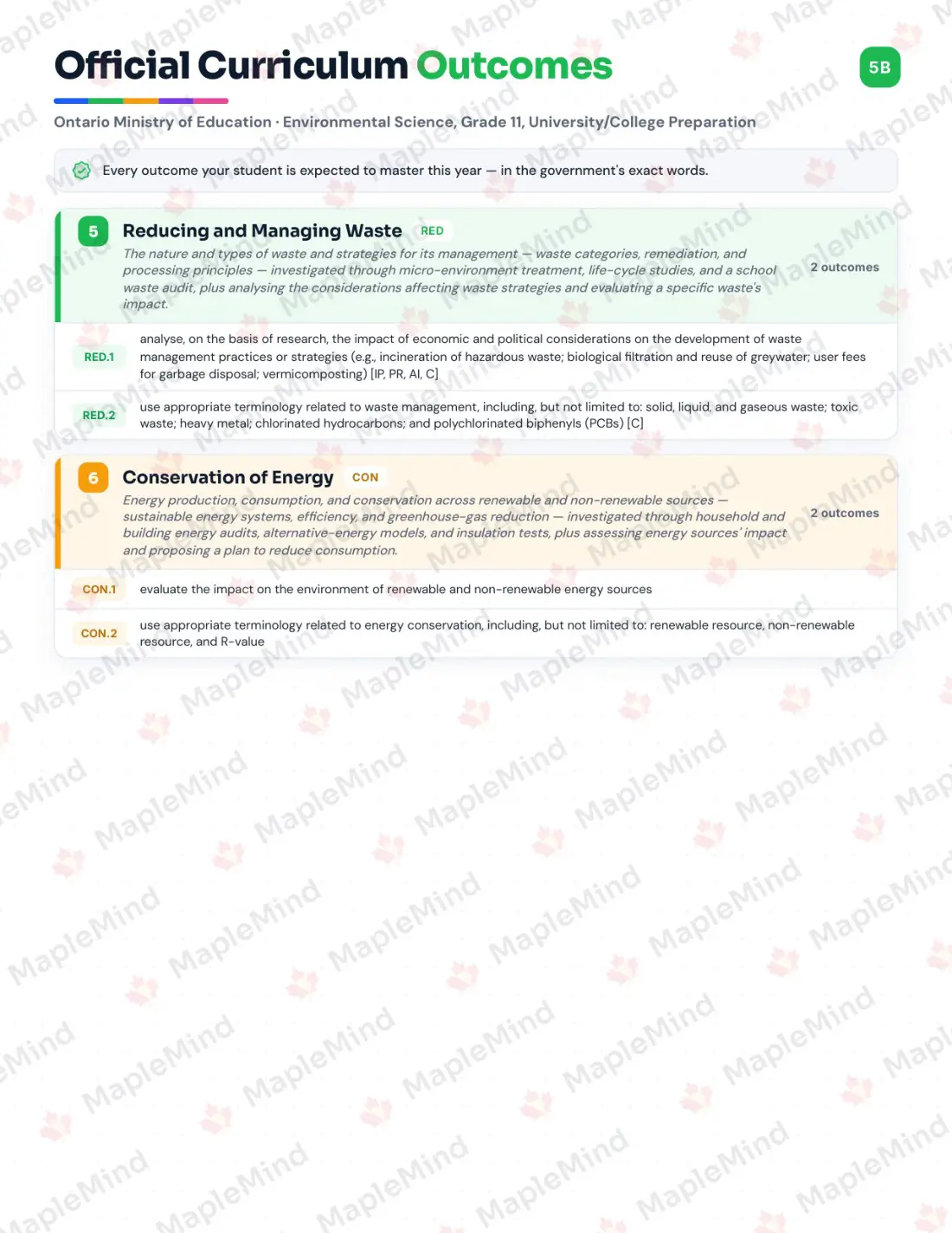Page 6 of 39 from the Environmental Science, Grade 11, University/College Preparation Ontario Course Companion — skills tracker with before and after self-assessment