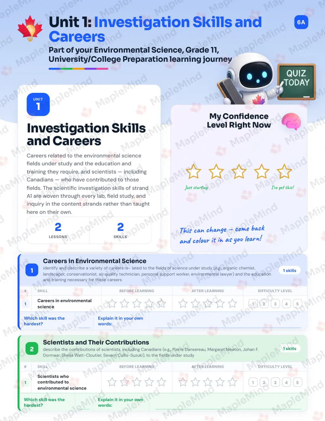 Page 7 of 39 from the Environmental Science, Grade 11, University/College Preparation Ontario Course Companion — skills tracker with before and after self-assessment
