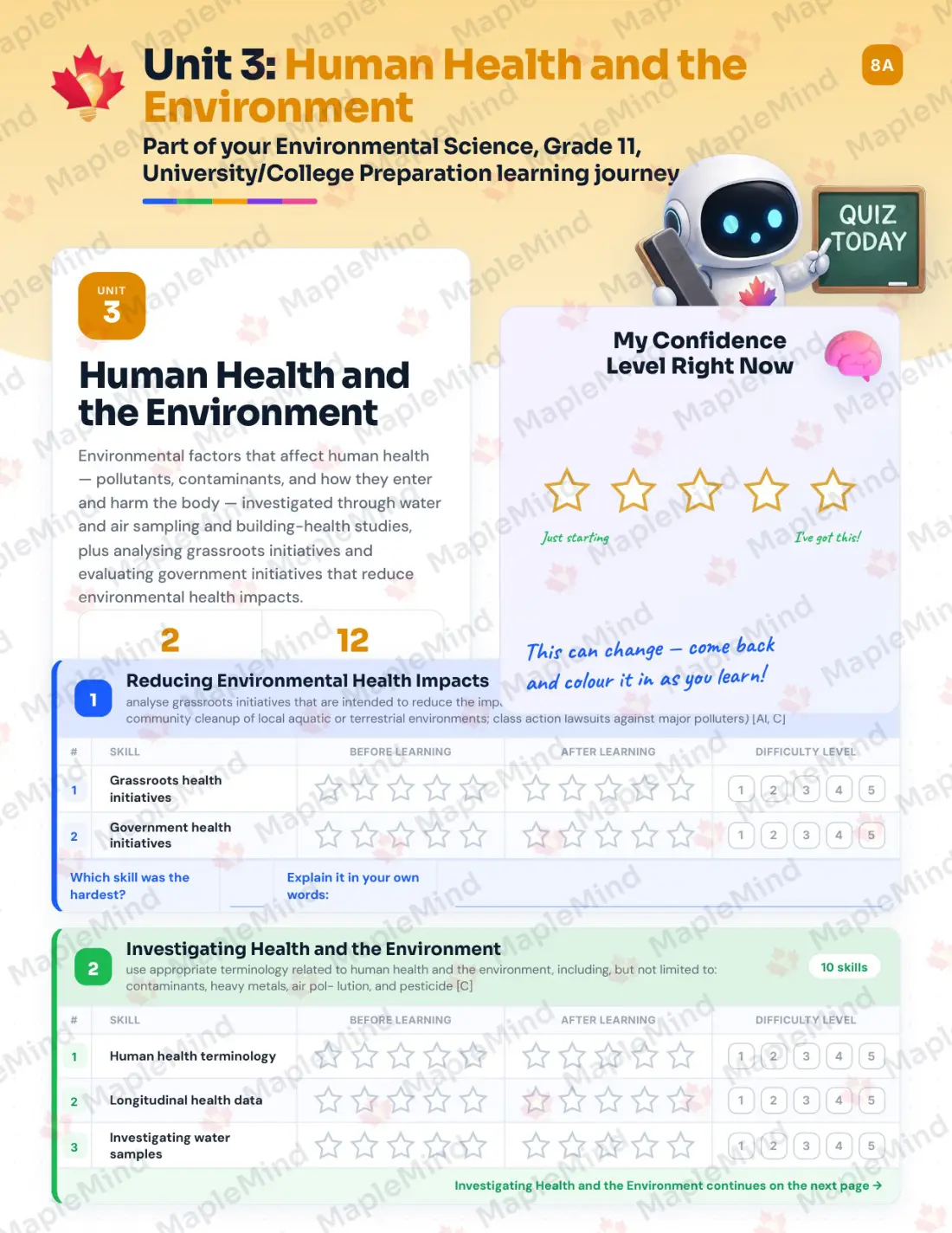 Page 14 of 39 from the Environmental Science, Grade 11, University/College Preparation Ontario Course Companion — skills tracker with before and after self-assessment