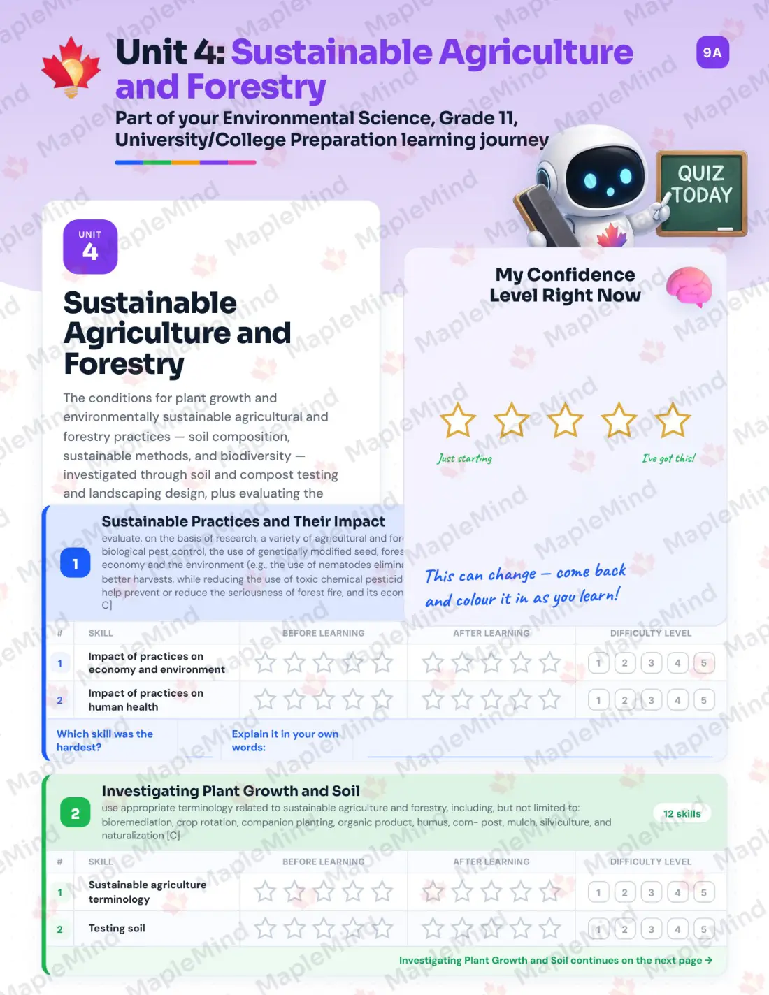 Page 18 of 39 from the Environmental Science, Grade 11, University/College Preparation Ontario Course Companion — skills tracker with before and after self-assessment