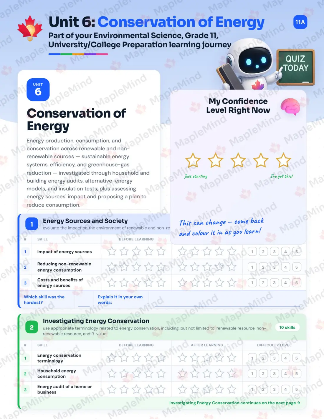 Page 26 of 39 from the Environmental Science, Grade 11, University/College Preparation Ontario Course Companion — skills tracker with before and after self-assessment