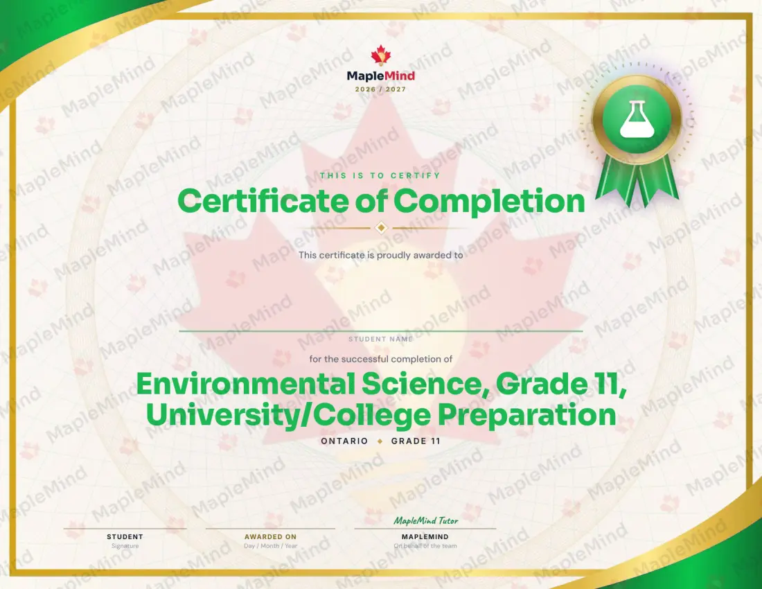 Page 39 of 39 from the Environmental Science, Grade 11, University/College Preparation Ontario Course Companion — year in review and certificate of completion