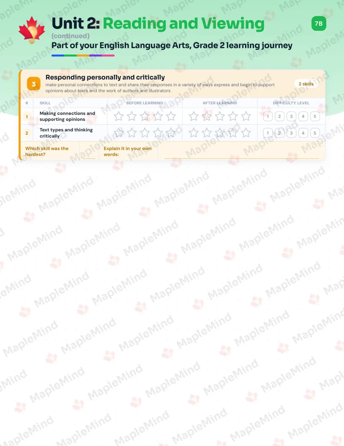 Page 10 of 25 from the English Language Arts, Grade 2 Prince Edward Island Course Companion — skills tracker with before and after self-assessment