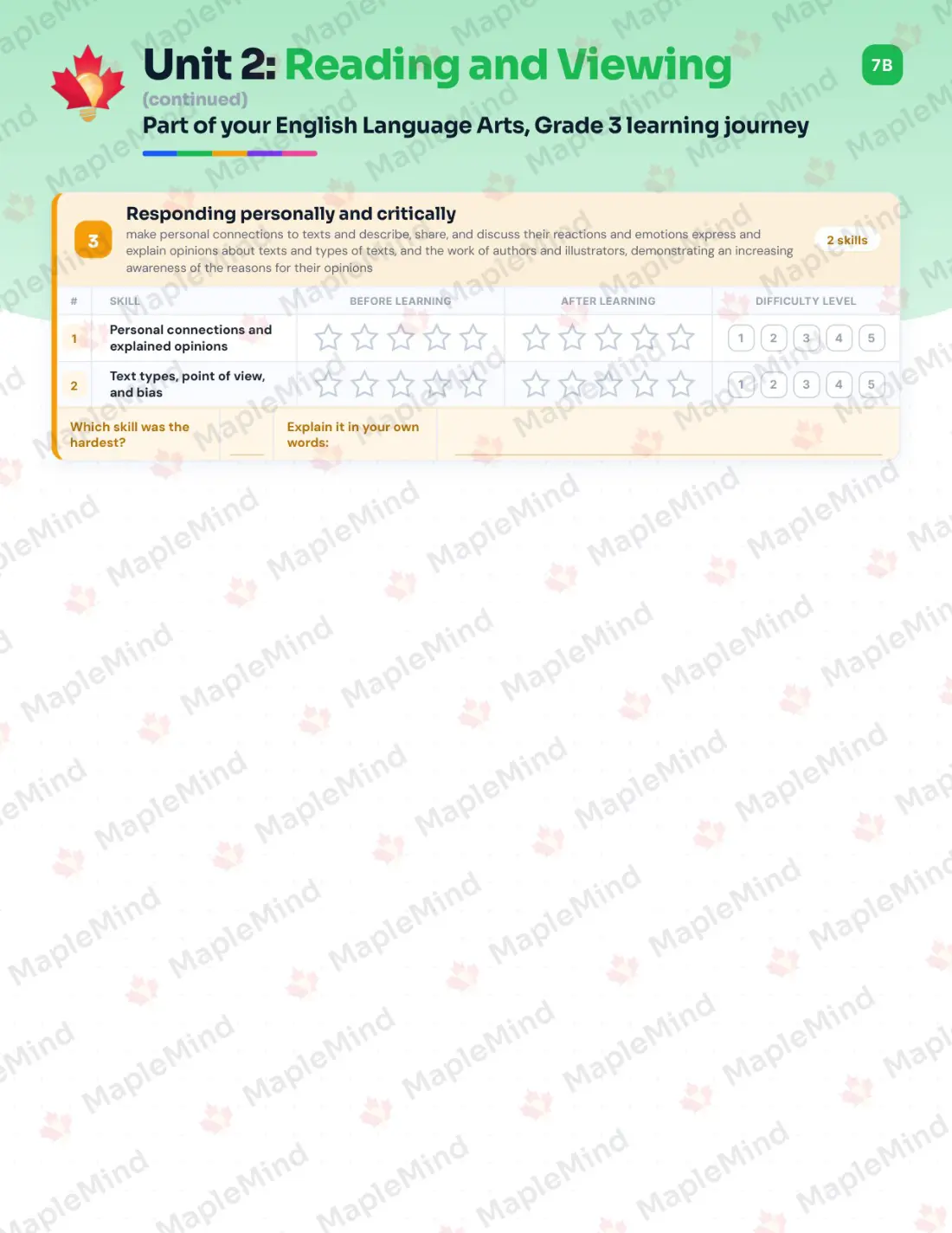 Page 10 of 25 from the English Language Arts, Grade 3 Prince Edward Island Course Companion — skills tracker with before and after self-assessment