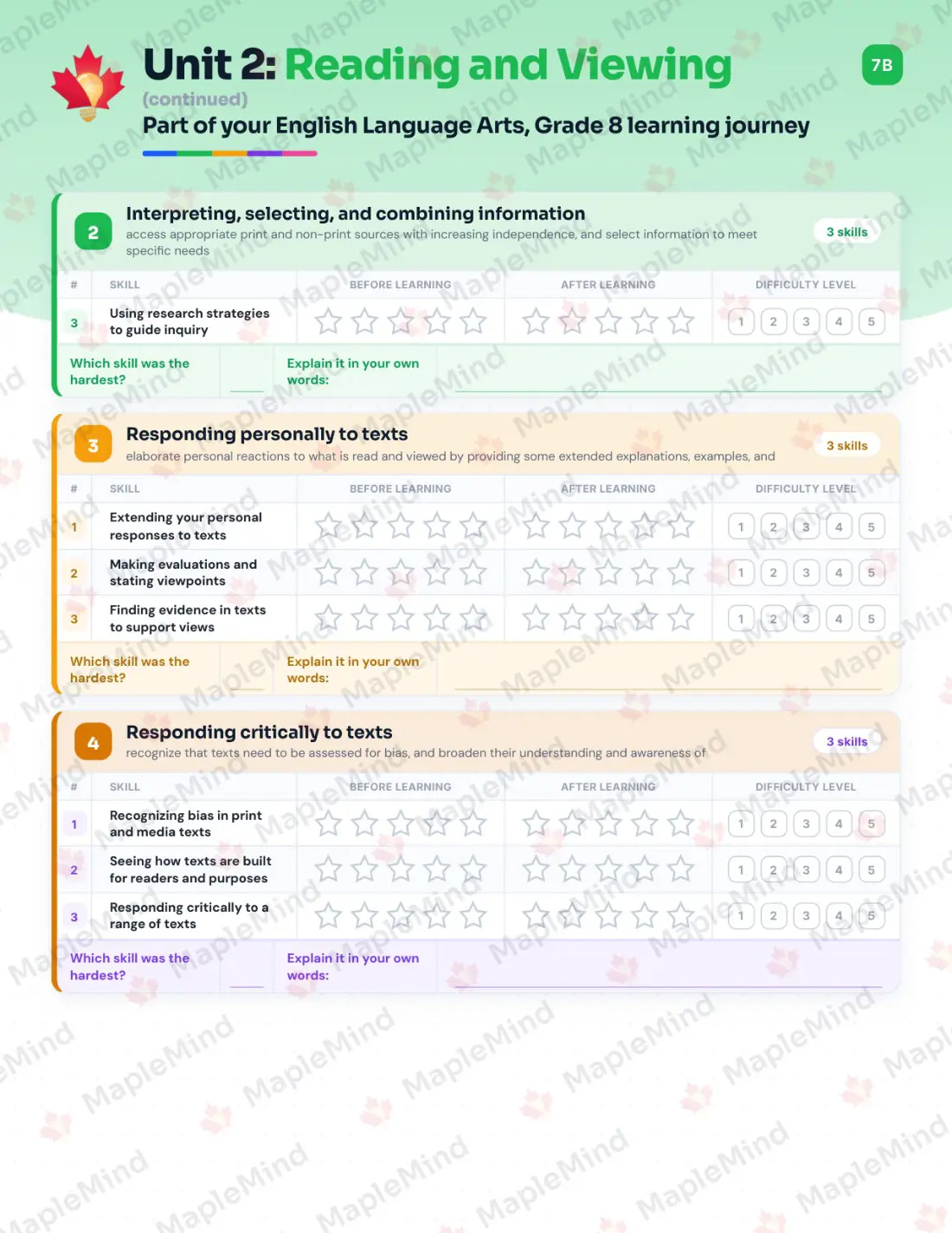 Page 11 of 26 from the English Language Arts, Grade 8 Prince Edward Island Course Companion — skills tracker with before and after self-assessment