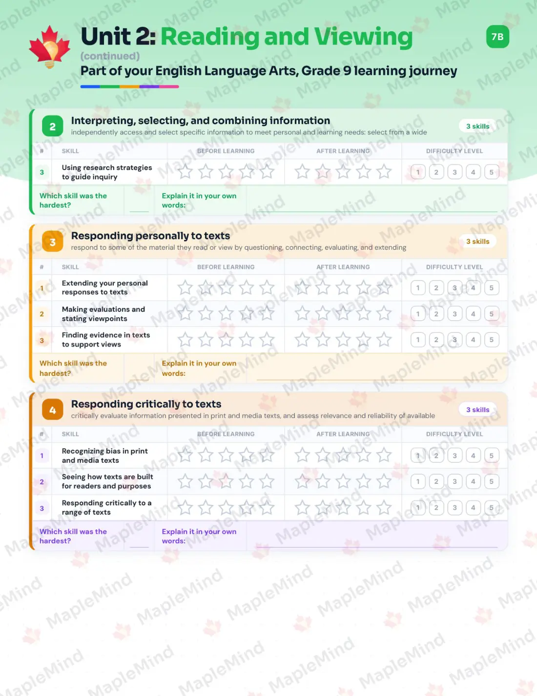 Page 11 of 26 from the English Language Arts, Grade 9 Prince Edward Island Course Companion — skills tracker with before and after self-assessment