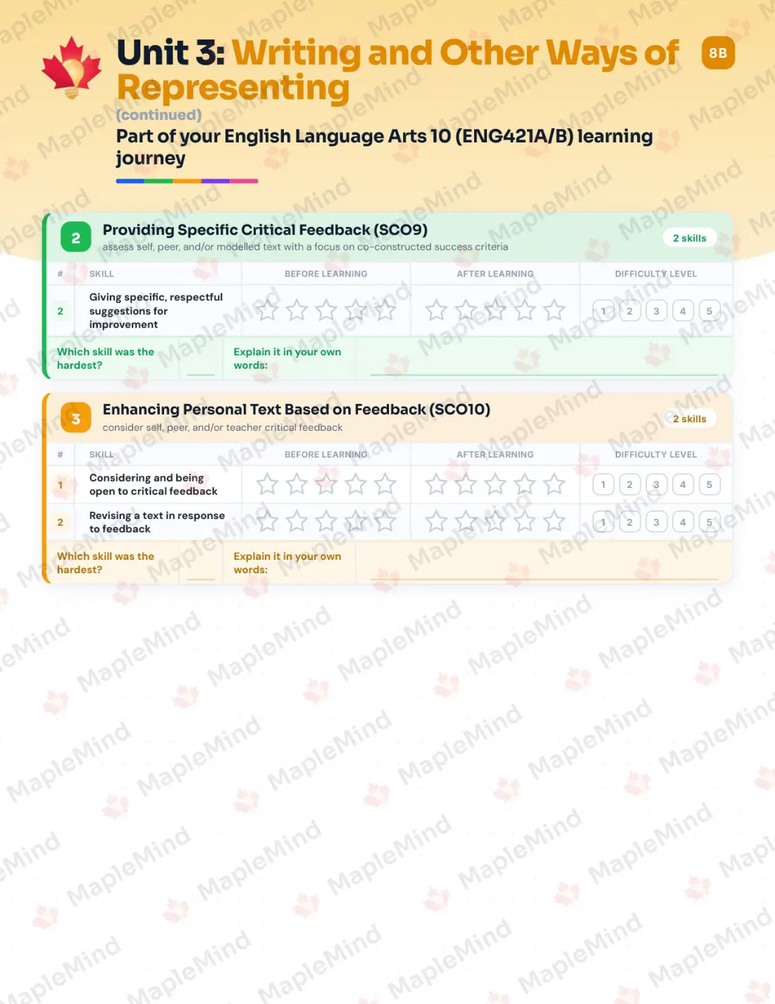 Page 15 of 26 from the English Language Arts 10 (ENG421A/B) Prince Edward Island Course Companion — skills tracker with before and after self-assessment