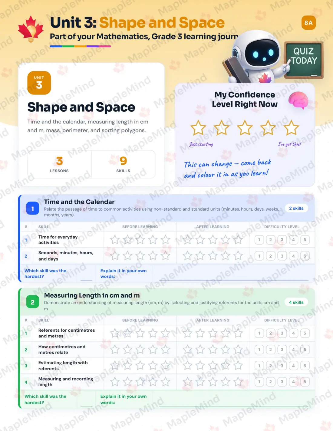Page 14 of 30 from the Mathematics, Grade 3 Prince Edward Island Course Companion — skills tracker with before and after self-assessment