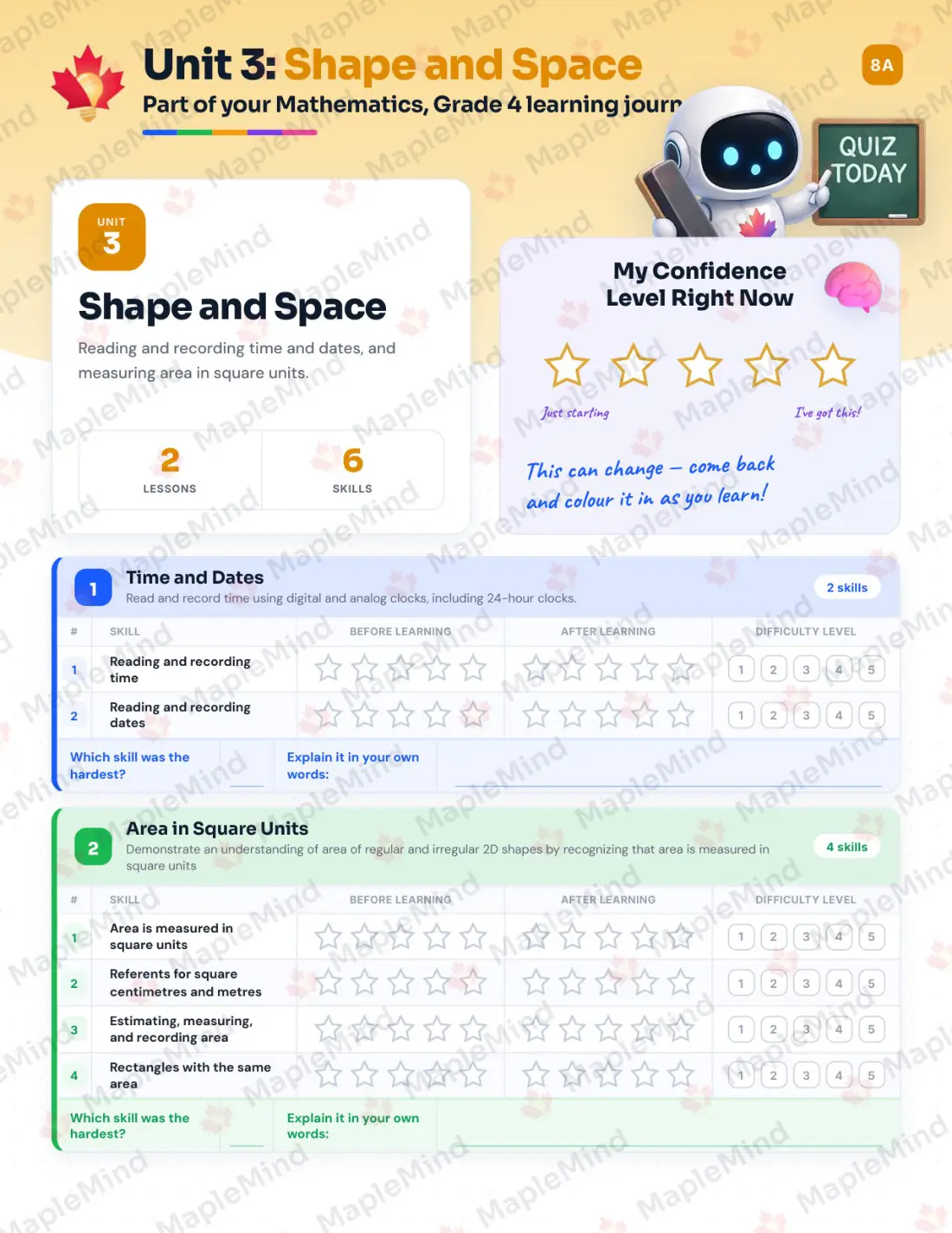Page 14 of 29 from the Mathematics, Grade 4 Prince Edward Island Course Companion — skills tracker with before and after self-assessment