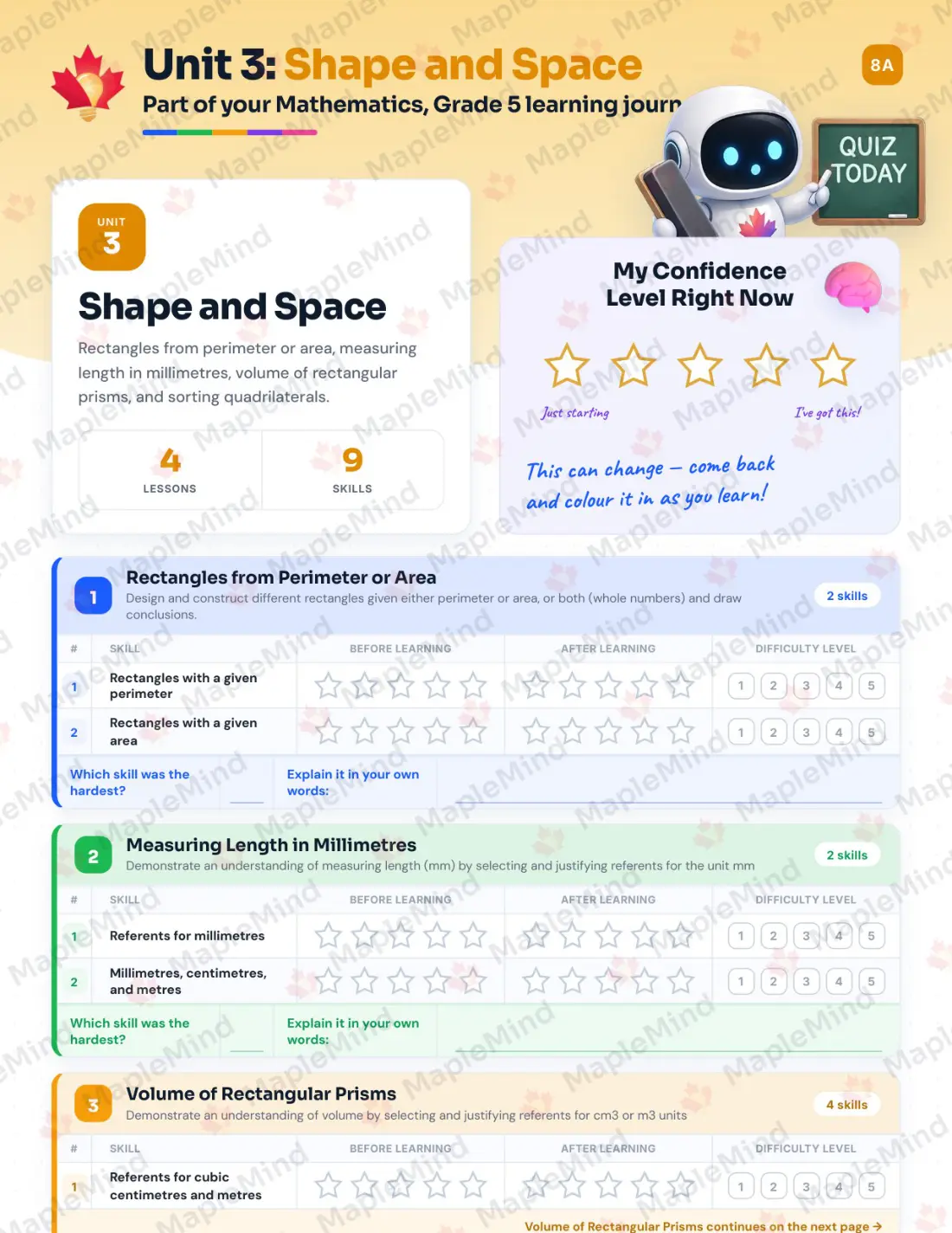 Page 14 of 30 from the Mathematics, Grade 5 Prince Edward Island Course Companion — skills tracker with before and after self-assessment
