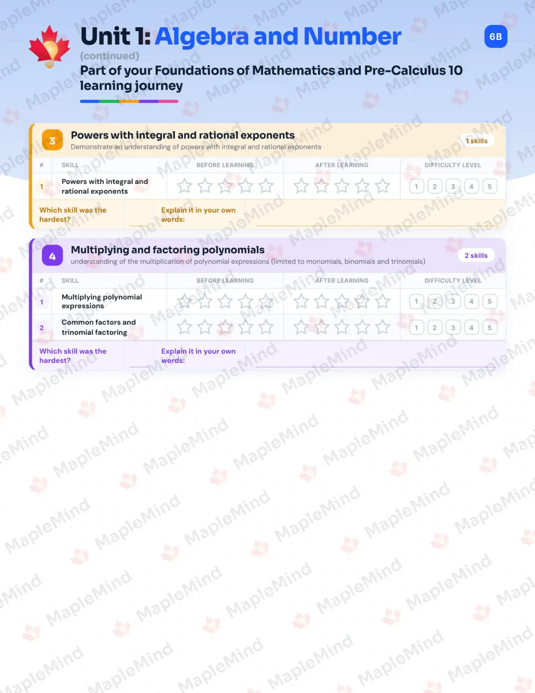 Page 7 of 27 from the Foundations of Mathematics and Pre-Calculus 10 Prince Edward Island Course Companion — skills tracker with before and after self-assessment