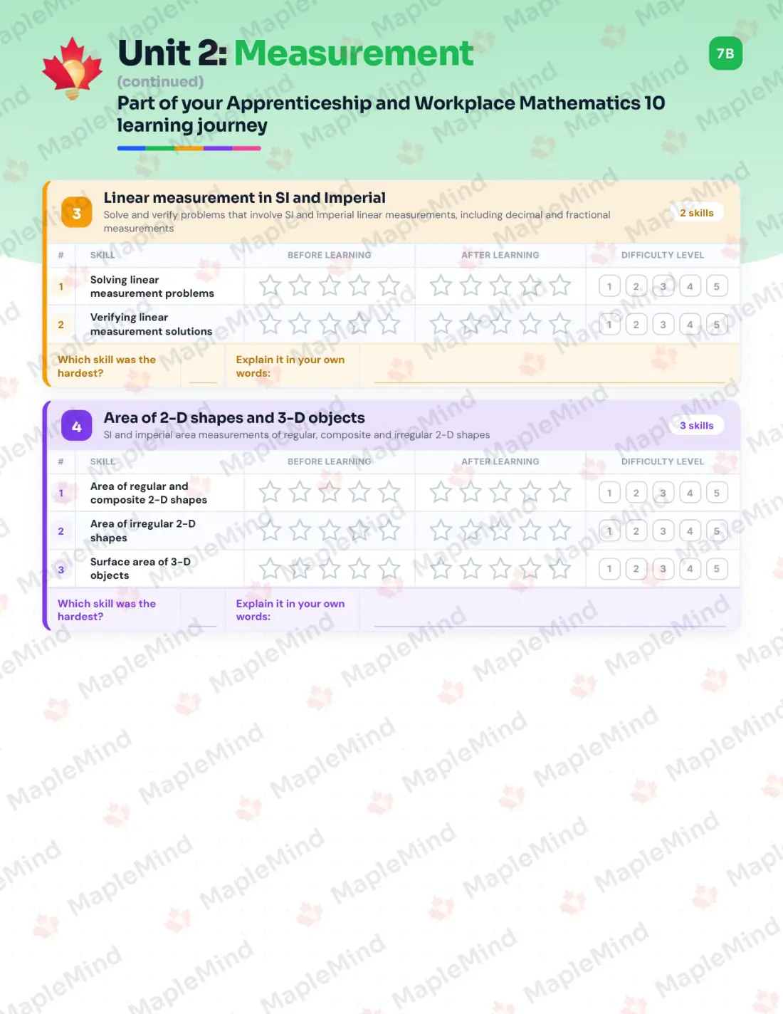 Page 12 of 26 from the Apprenticeship and Workplace Mathematics 10 Prince Edward Island Course Companion — skills tracker with before and after self-assessment