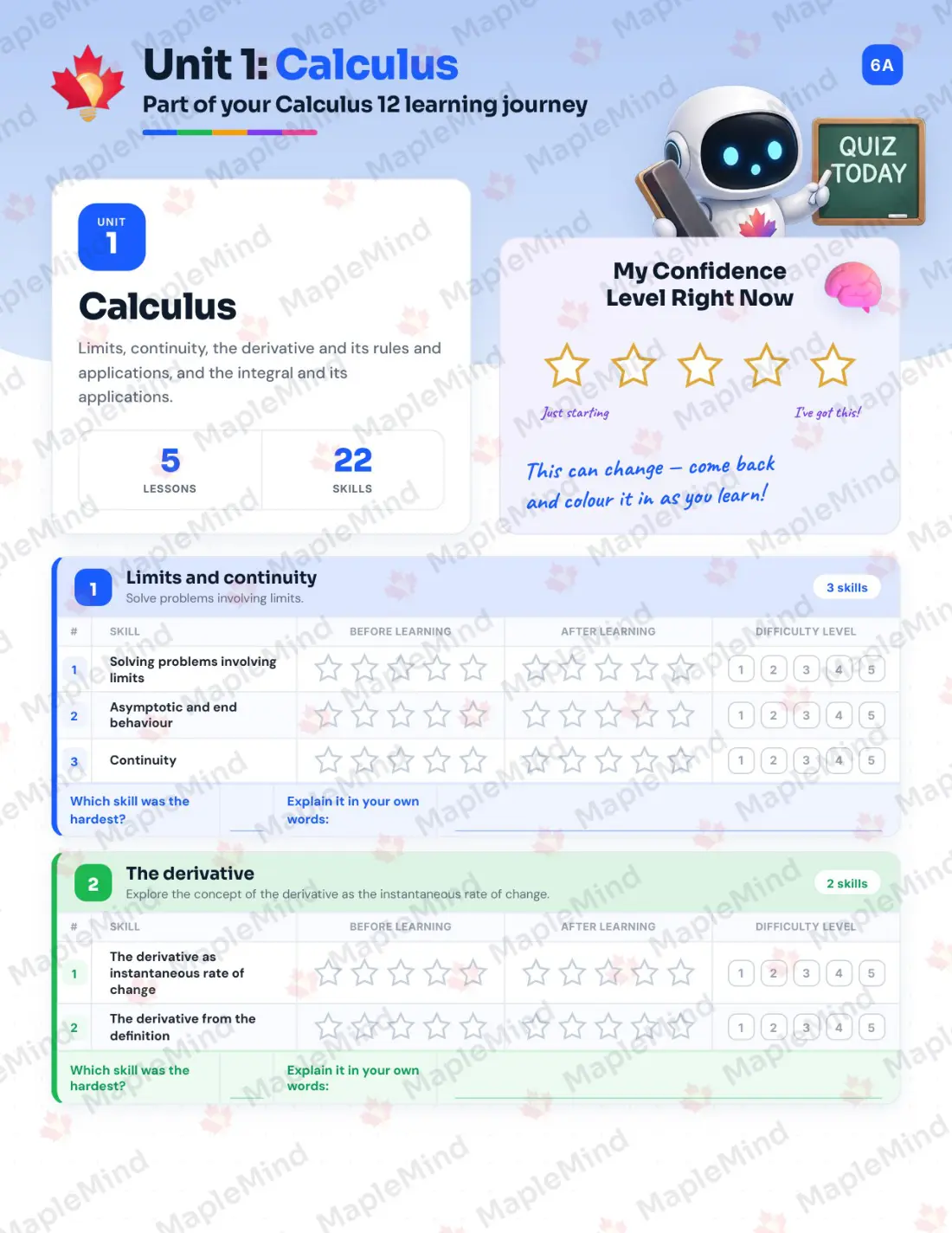 Page 6 of 19 from the Calculus 12 Prince Edward Island Course Companion — skills tracker with before and after self-assessment