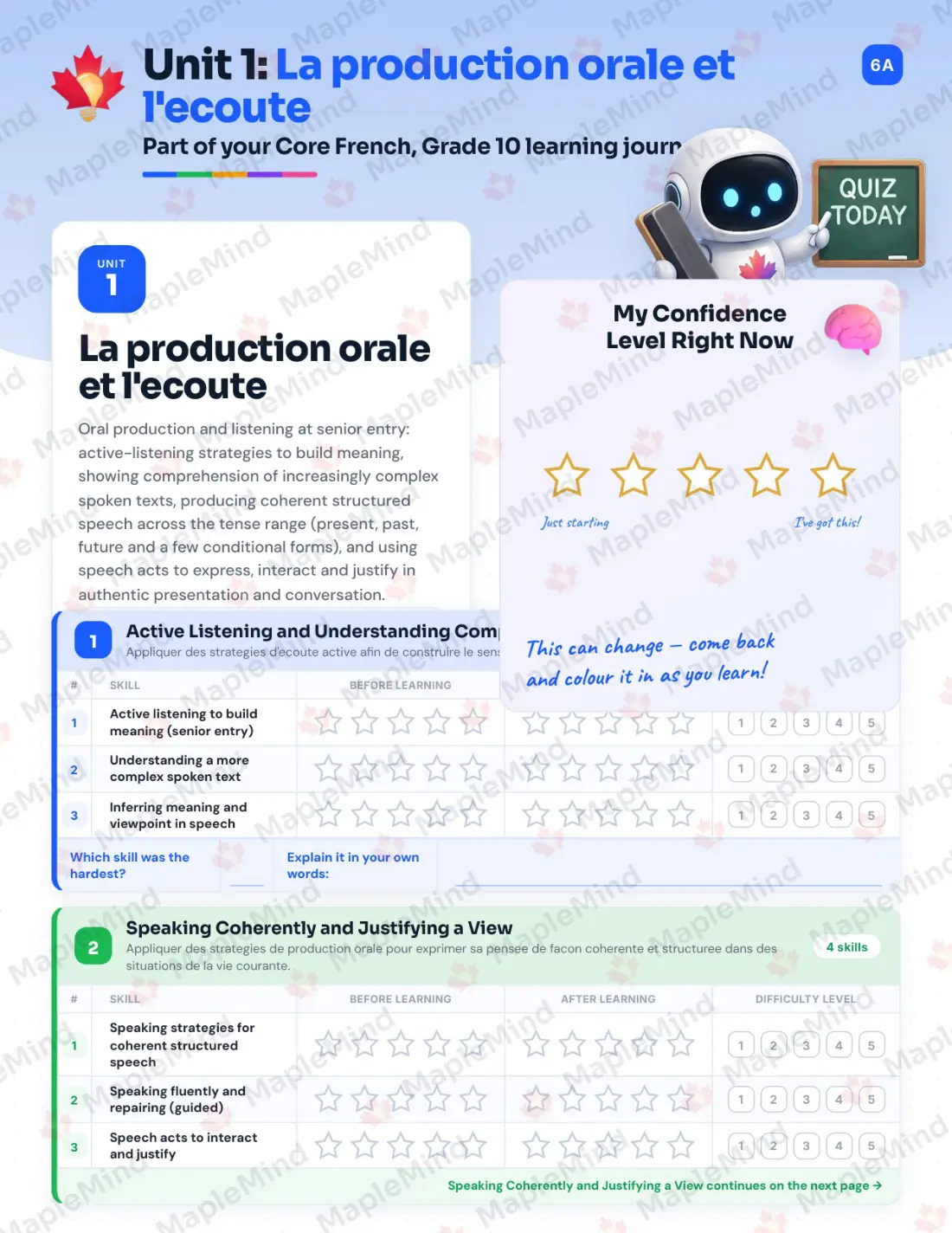 Page 6 of 24 from the Core French, Grade 10 Prince Edward Island Course Companion — skills tracker with before and after self-assessment